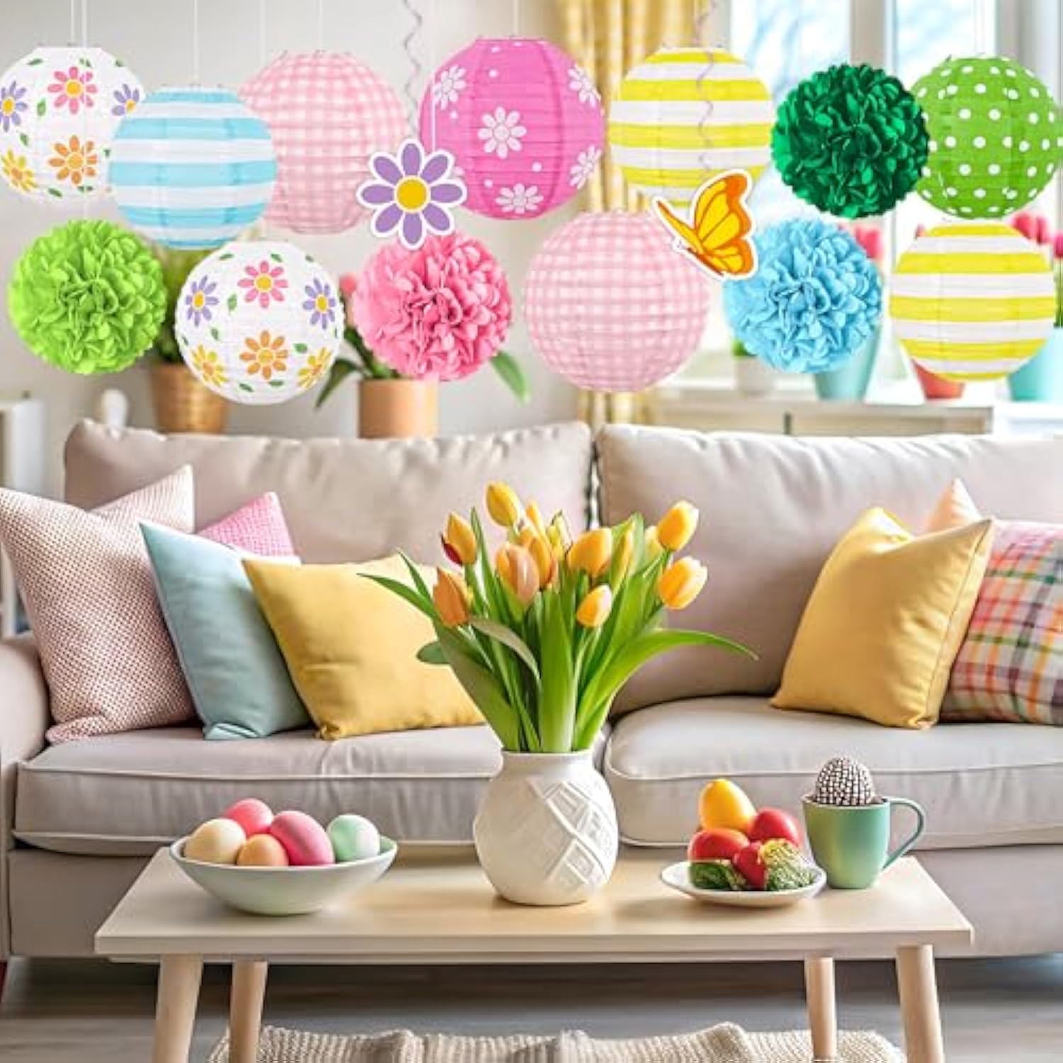 15Pcs Spring Decor Paper Lanterns Pom Poms Hanging Swirls Spring Party Hanging Decorations For Home Office Classroom Birthday Outdoor Indoor