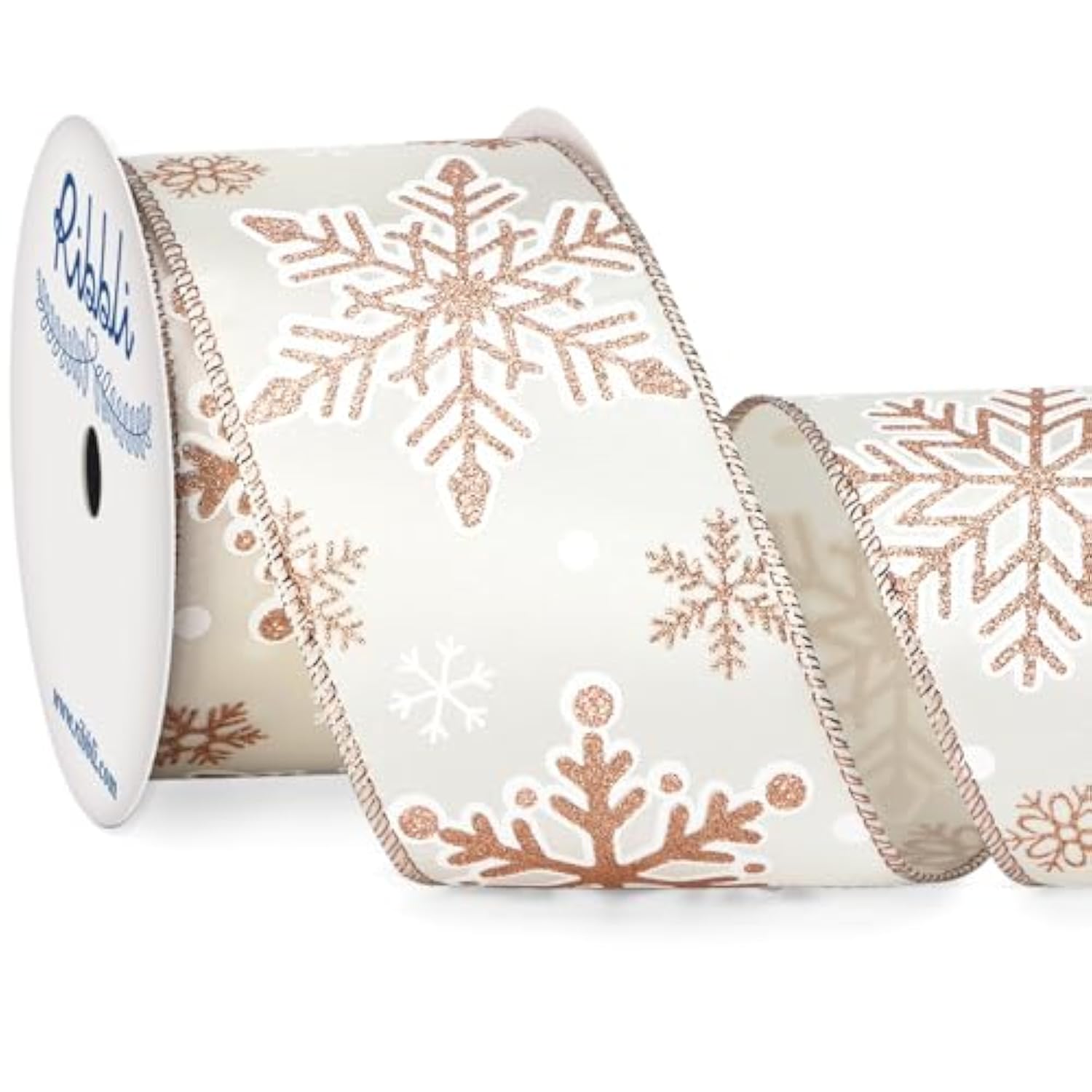 Rose Gold Snowflake Wired Ribbon,Ivory Satin With Big Glitter Snowflake Christmas Ribbon For Wreath Chritmastree Decoration Gift Wrapping Home Decor, 2-1/2 Inch X 10 Yards