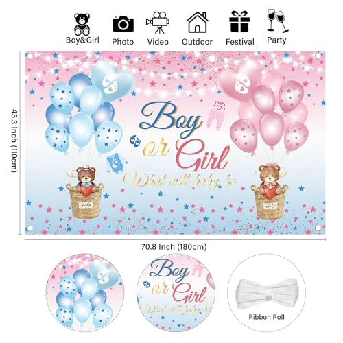 Boy or Girl Gender Reveal Backdrop – Pink & Blue Bear Gender Reveal Decoration Banner with Hot Air Balloons Girls & Boys Baby Shower Yard Sign Photo Booth Backdrop for Gender Reveal Party 71"x43"