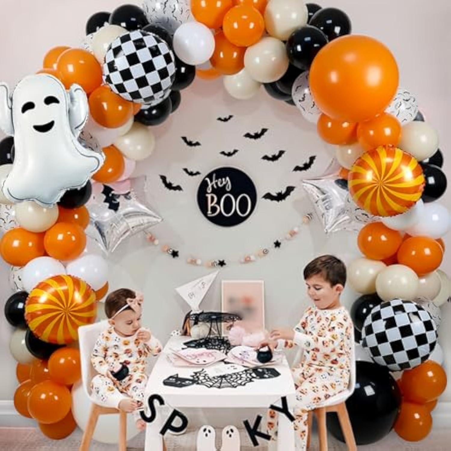 Halloween Balloon Arch Kit: Ghost, Bats & Checkered Foil Balloons