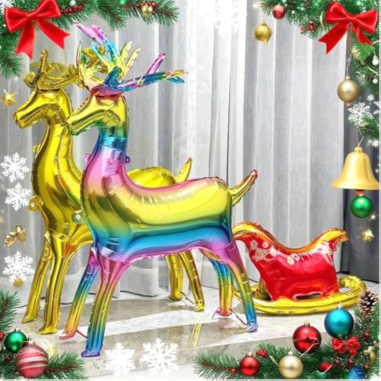 5 Pc Christmas Foil Balloons Reindeer Santa Sleigh Mylar Xmas Party Decor
