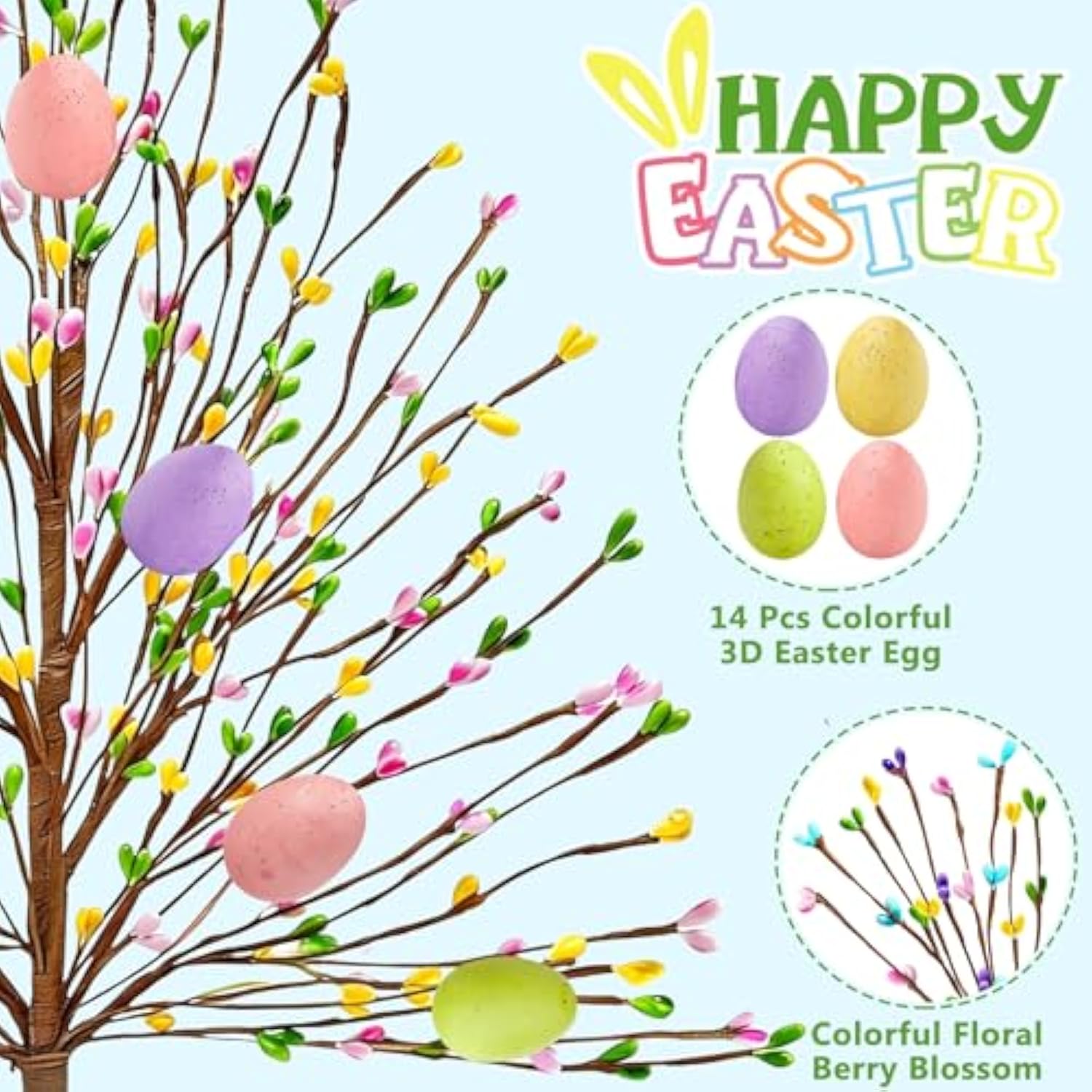 Easter Decorations 2 Pack Easter Tree With 14 Pastel Eggs Ornaments And Floral Berry Blossom, 15'' Tabletop Artificial Tree Easter Decor For Spring Party Table Centerpiece Room Home