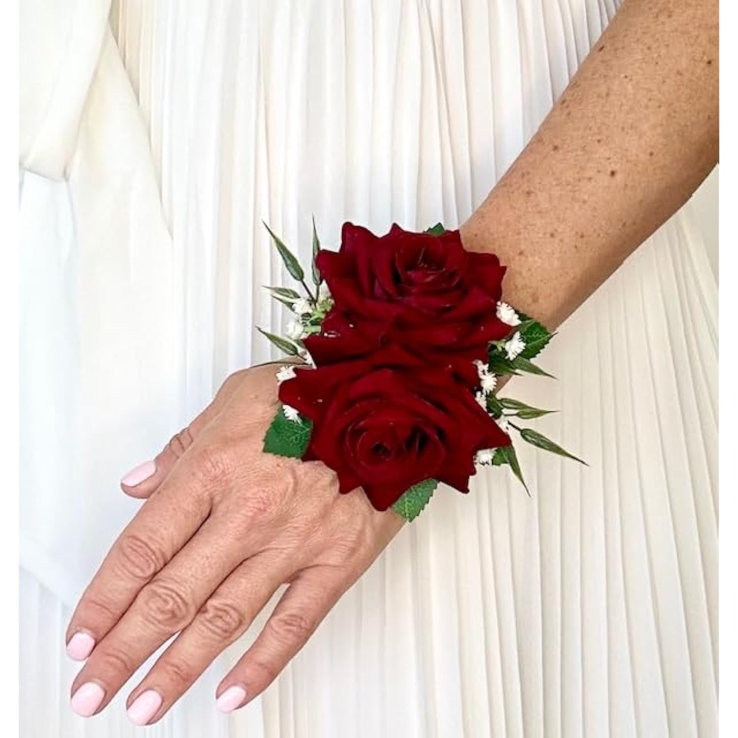 : Rose Wrist Corsage And Boutonniere Set, Usa Handcrafted Baby'S Breath Prom Flowers Wristlet Lapel Groom Floral Groomsmen Blush Pink, Red, White, Purple (Burgundy Corsage Boutonniere Set)