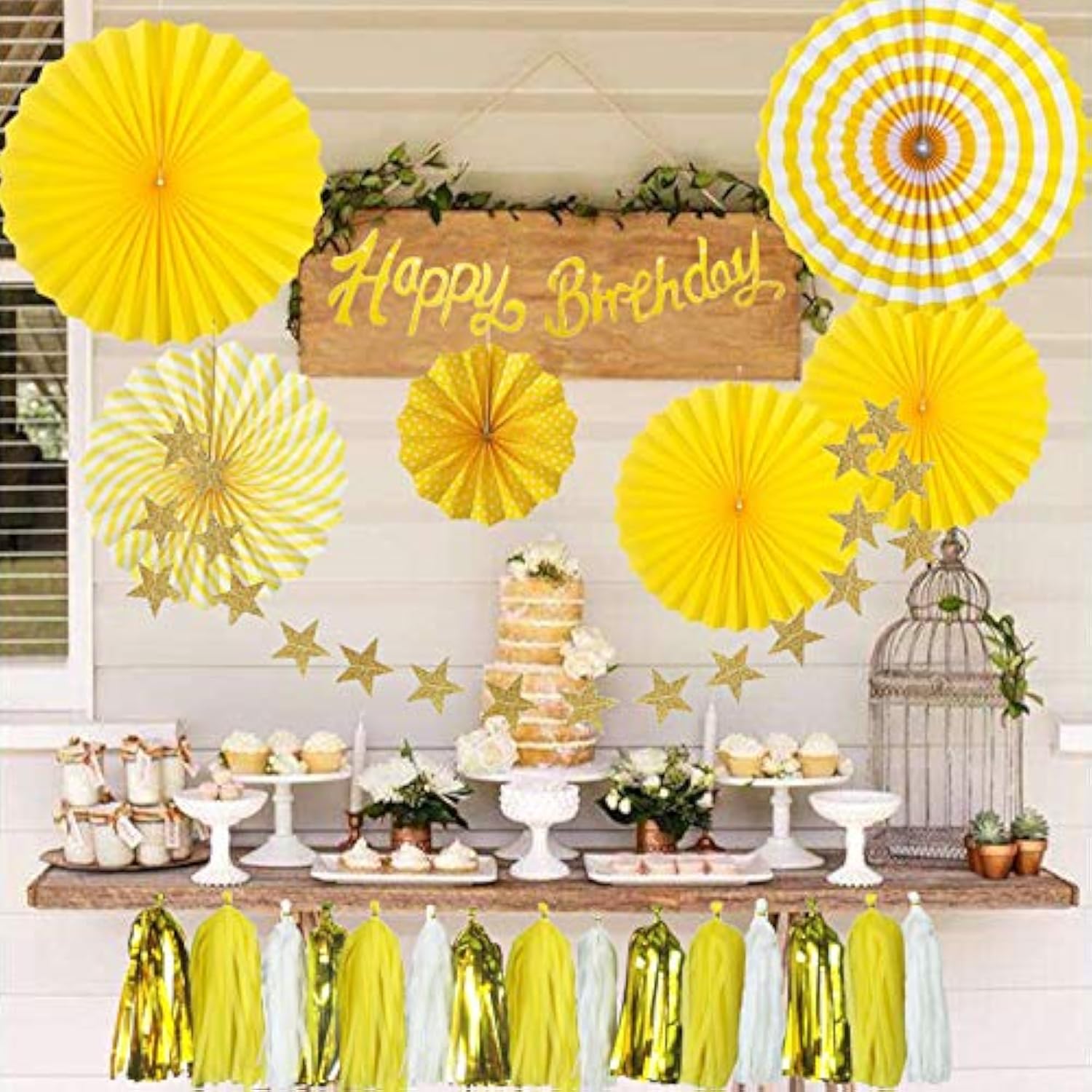 33 Pcs Yellow Birthday Decorations, Banner & Paper Fans for Honeybee, Sunflower Party