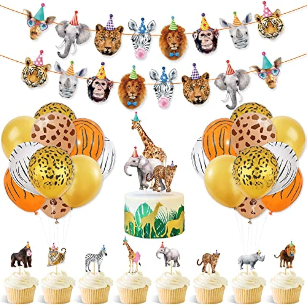 Safari Party Animal Birthday Set – Wild One Banner, Balloons, Cake & Cupcake Toppers Jungle Decor