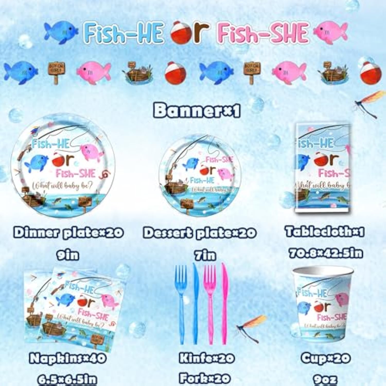 Gone Fishing Gender Reveal Party Tableware 142Pcs Fish She Or Fish He Gender Reveal Disposable Tablecloth,Plates,Napkins,Cups,Forks And Knives For Baby Shower Decoration Of Gender Reveal