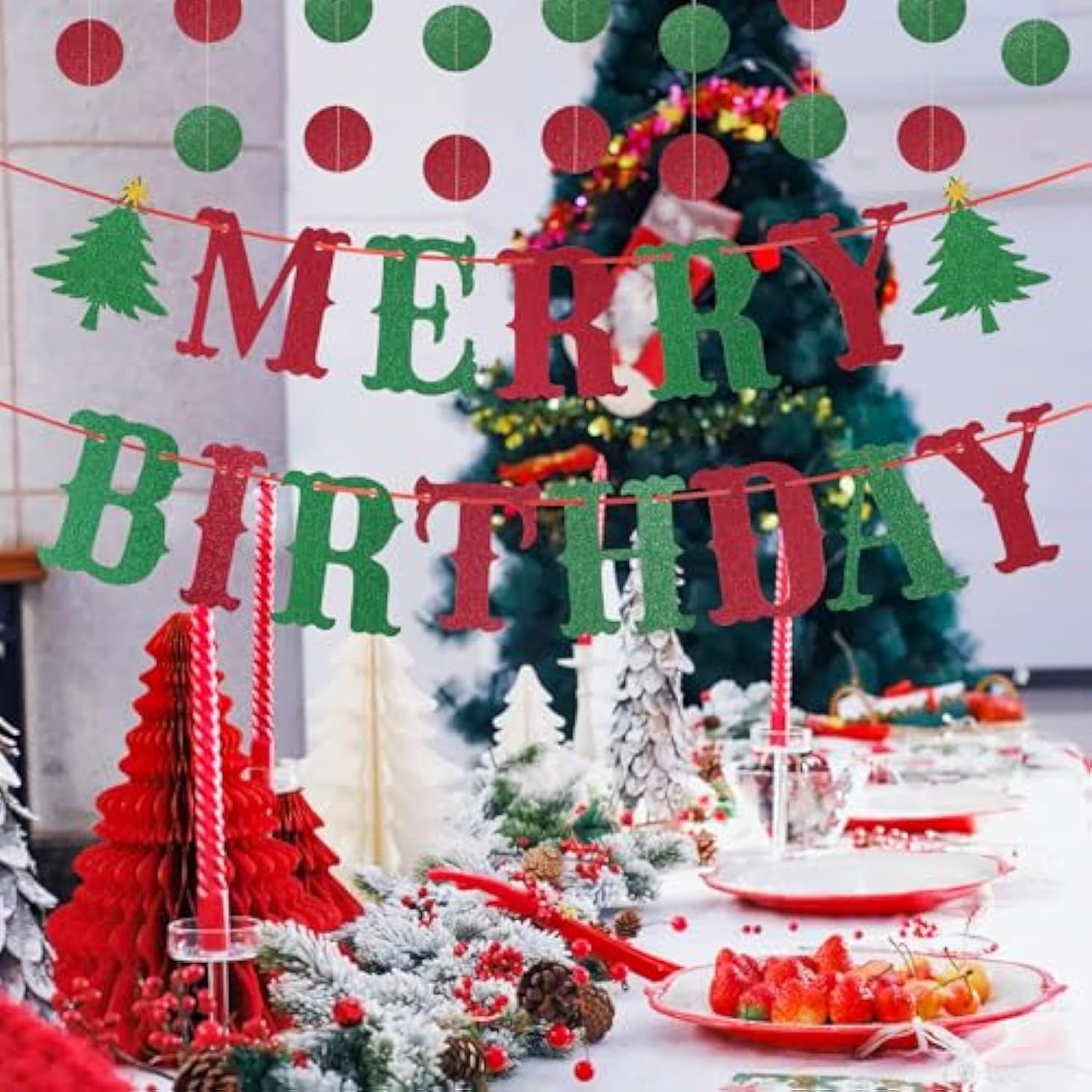 Merry Birthday Banner - Red, Green Glitter, Christmas & Birthday Party Decorations