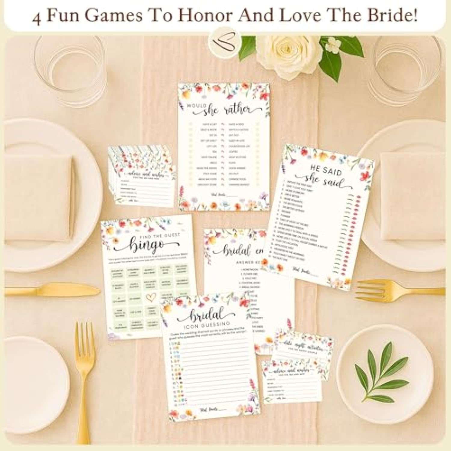 Wildflower Bridal Shower Games For Guests - Wedding Advice And Wishes For The Mr And Mrs, Find The Guest Bingo Bridal Shower Decorations, Funny He Said She Said Would You Rather Game Ideas