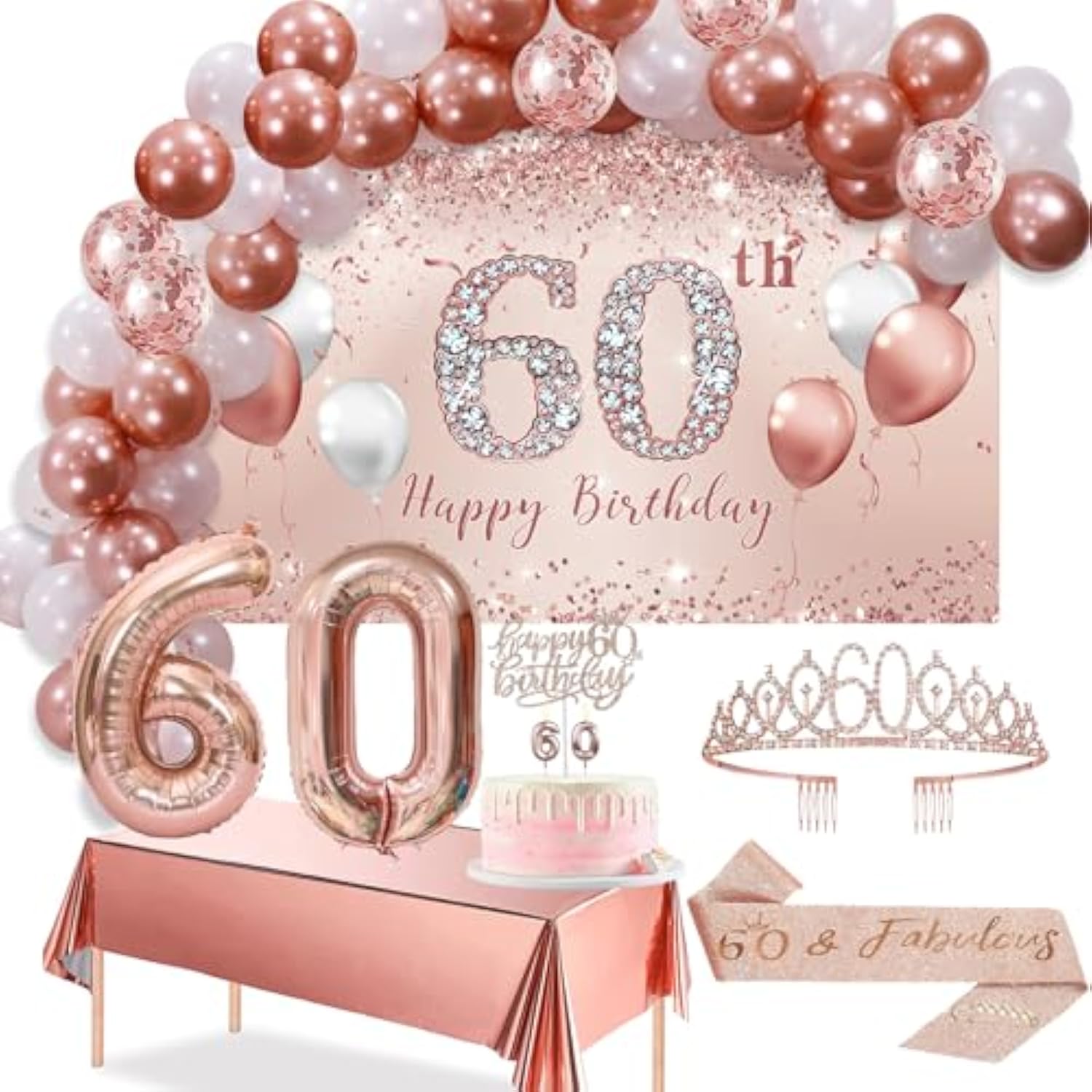 60Th Birthday Decorations Balloon Set Women'S Arch, Rose Gold 60Th Birthday Banner And Party Tablecloth, Belt And Tiara, Pink Gold 60Th Balloon, Pink Birthday Cake Top, Latex Balloon * 60