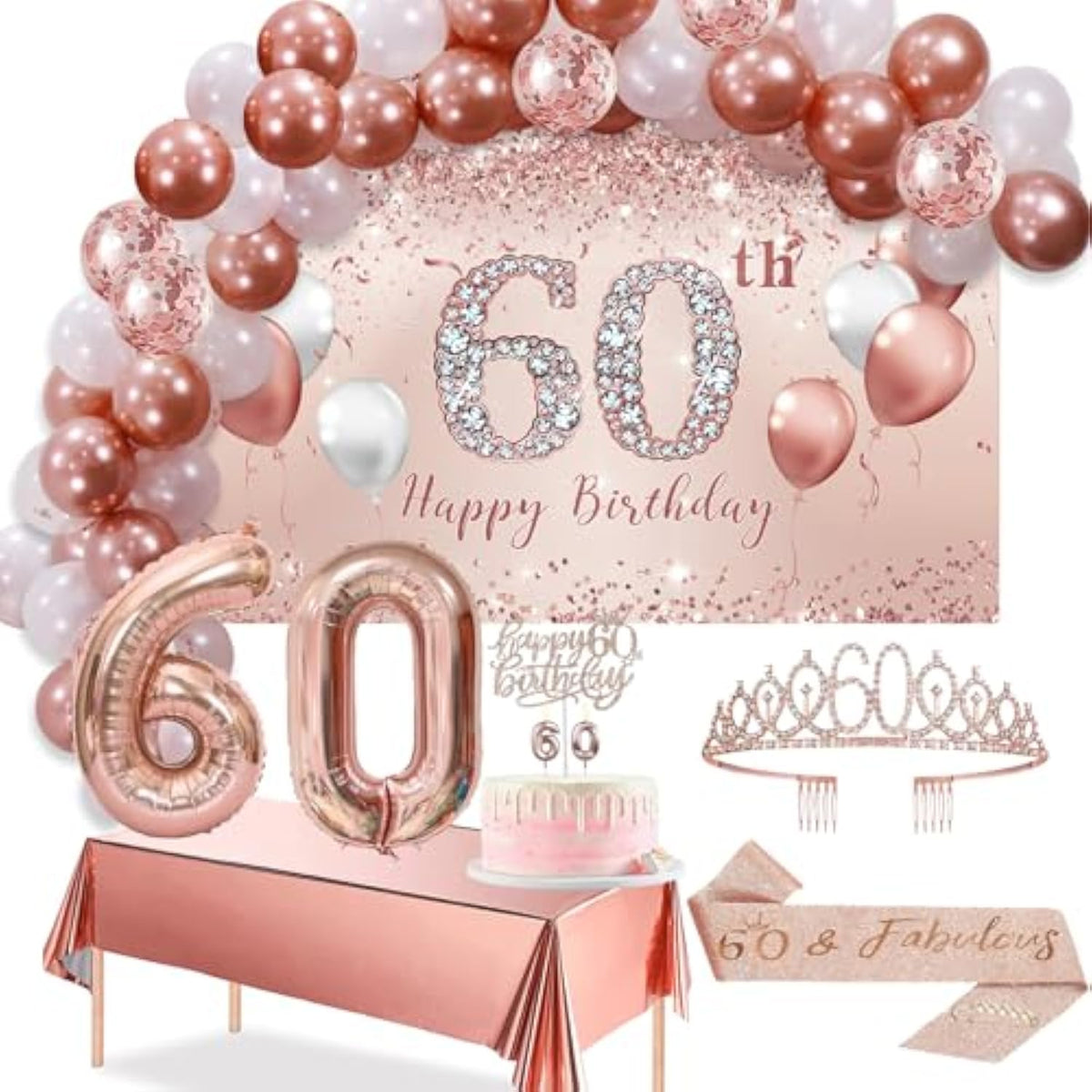 60Th Birthday Decorations Balloon Set Women'S Arch, Rose Gold 60Th Birthday Banner And Party Tablecloth, Belt And Tiara, Pink Gold 60Th Balloon, Pink Birthday Cake Top, Latex Balloon * 60