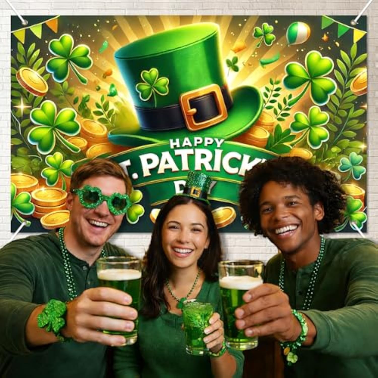 St. Patrick'S Day Banner 71X43 Inch Green Party Banner Backdrop With Clover Hat Gold Coins Happy St. Patrick'S Day Text For Holiday Party Decoration Photo Background Wall Hanging