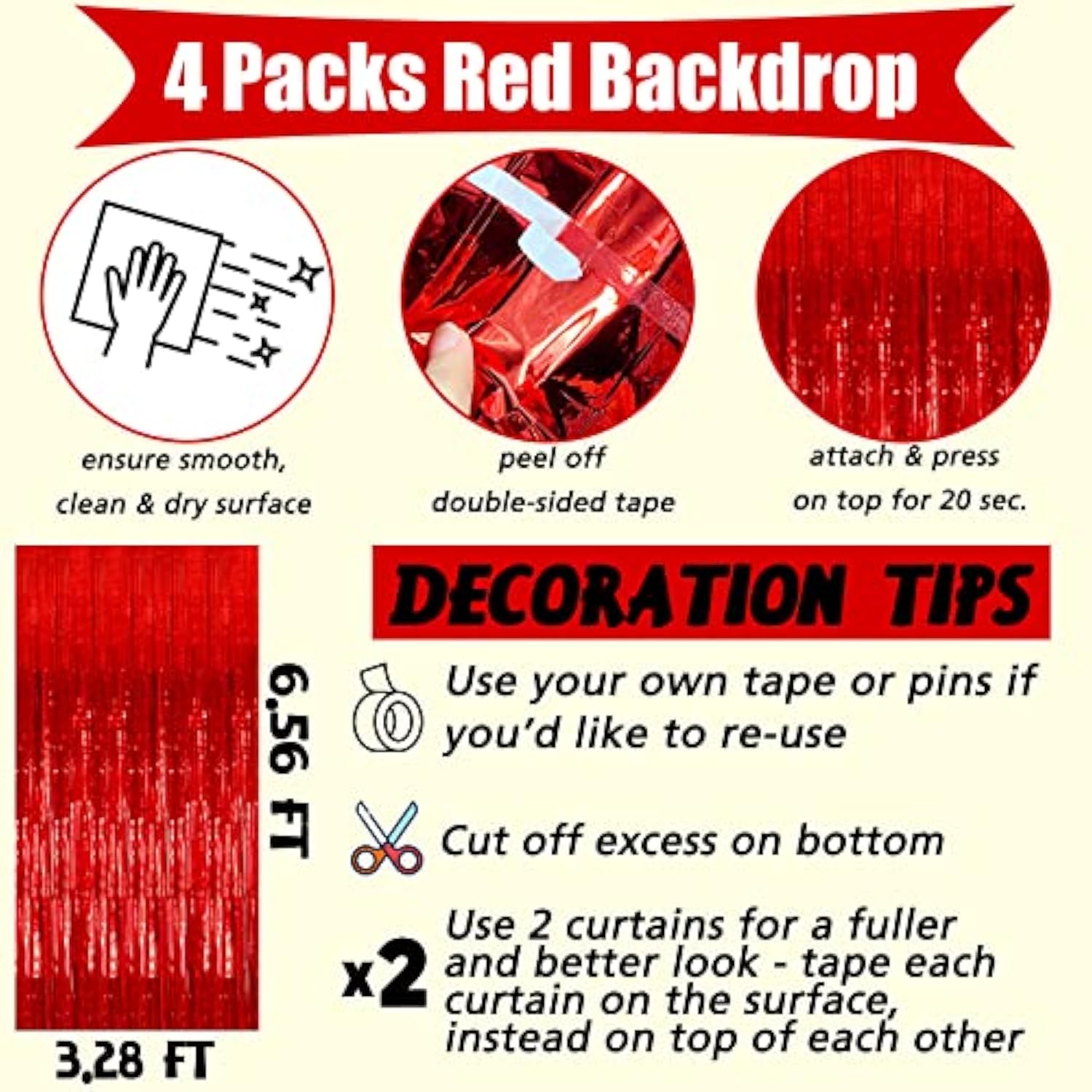 4 Pack Red Fringe Curtain Backdrop, 3.2Ft X 6.6Ft Metallic Tinsel Foil Fringe Streamers Curtains Background For Photo Booth Birthday Wedding Baby Shower Party Thanksgiving Christmas Decorations