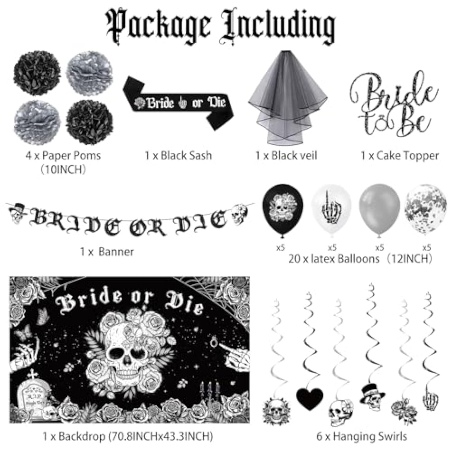 Bride Or Die Bachelorette Party Decorations, 35Pcs Black Bride To Be Banner Balloons Sash Veil Hanging Swirls Cake Topper Kit, Till Death Do Us Decorations For Bridal Shower Wedding Party