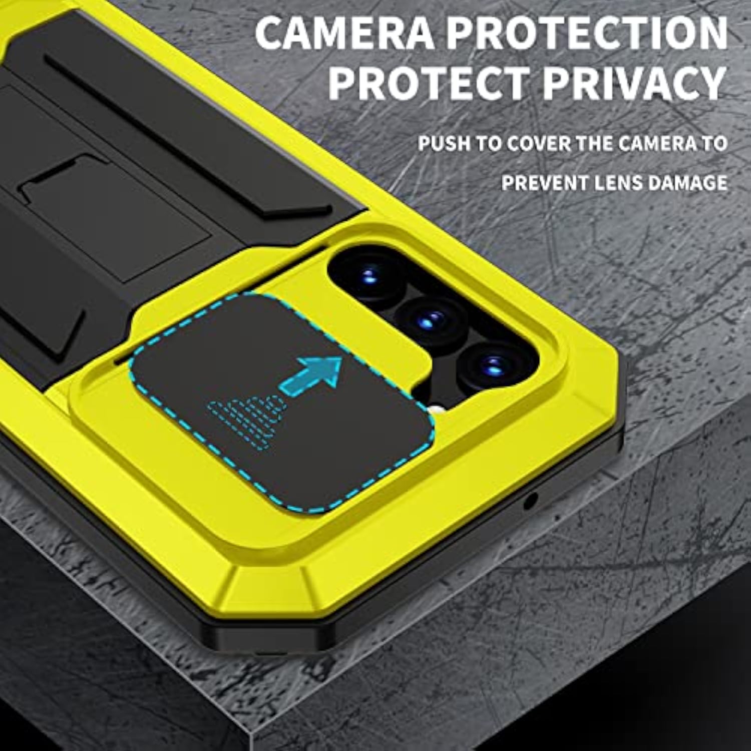 Samsung Galaxy S23 Plus Metal Case with Slide Camera Cover Built in Screen Protector Full Body Hybrid S24 Plus Case Metal Kickstand Military Heavy Duty Armor Silicone Case for Men and Women (Yellow)