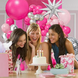 Hot Pink Balloon Garland Arch Kit,Pink Silver Chrome Balloons With Silver Disco Ball Explosion Star Balloon For Girls Women Birthday Party Valentine'S Day Bridal Shower Wedding Mother'S Day