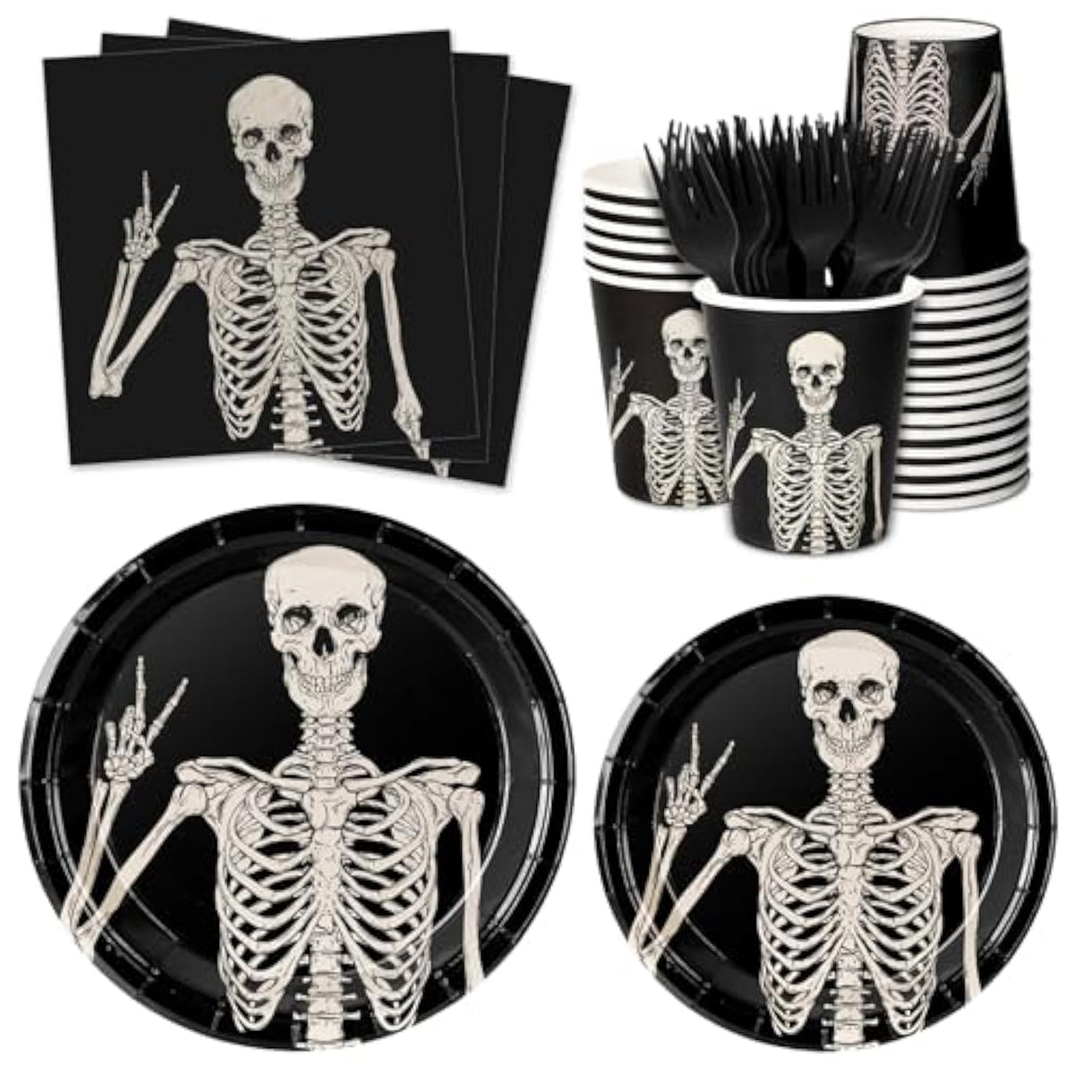 Halloween Tableware Set Smiling Skeleton Disposable Plates Napkins Cups Cutlery for 25 Guests