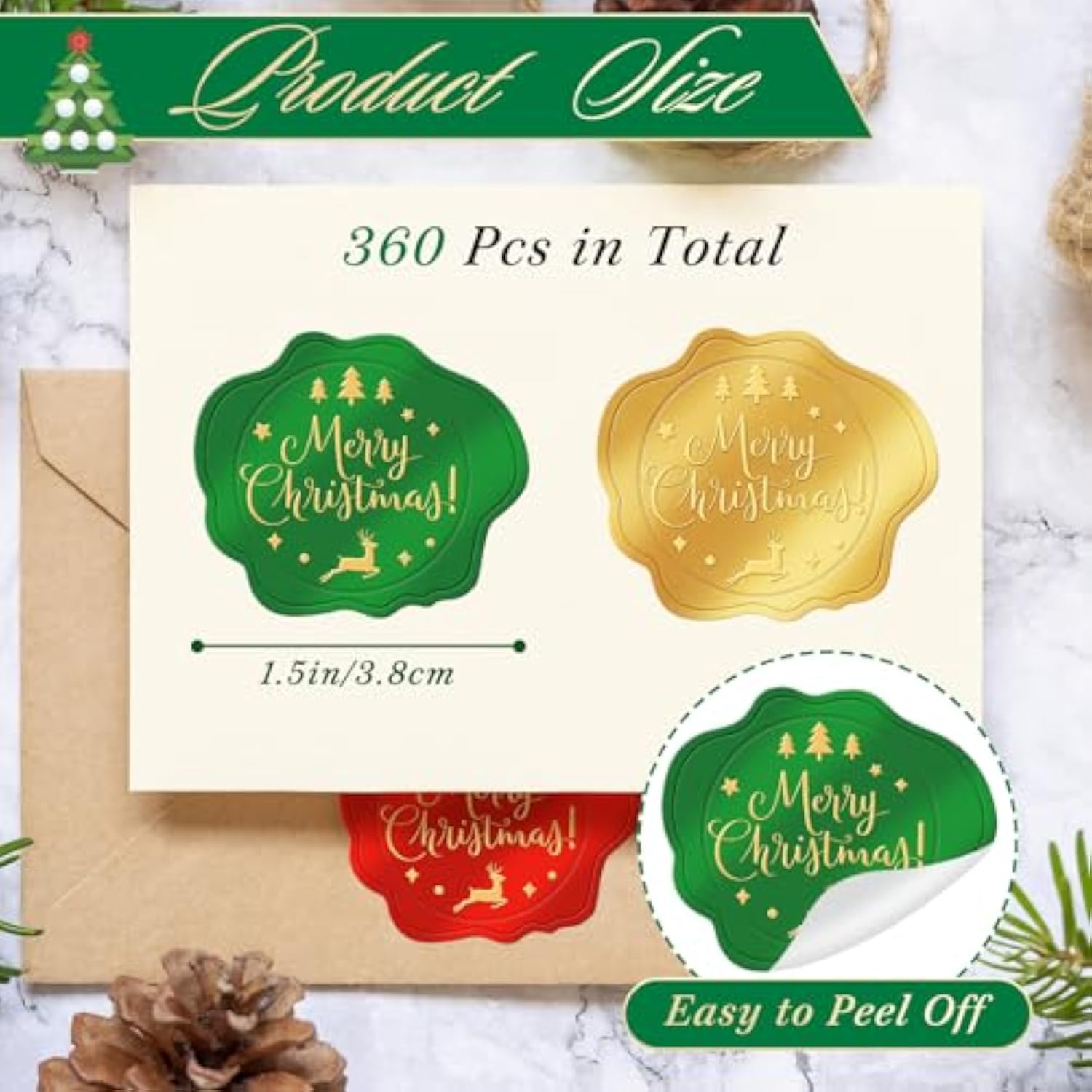 360 Pcs Christmas Stickers For Envelope Sealing Gold Foil Embossed Merry Christmas Labels Stickers For Crafts Gifts Present Packaging Cards Making Invitation Envelope Seal Xmas Holiday Party Decor