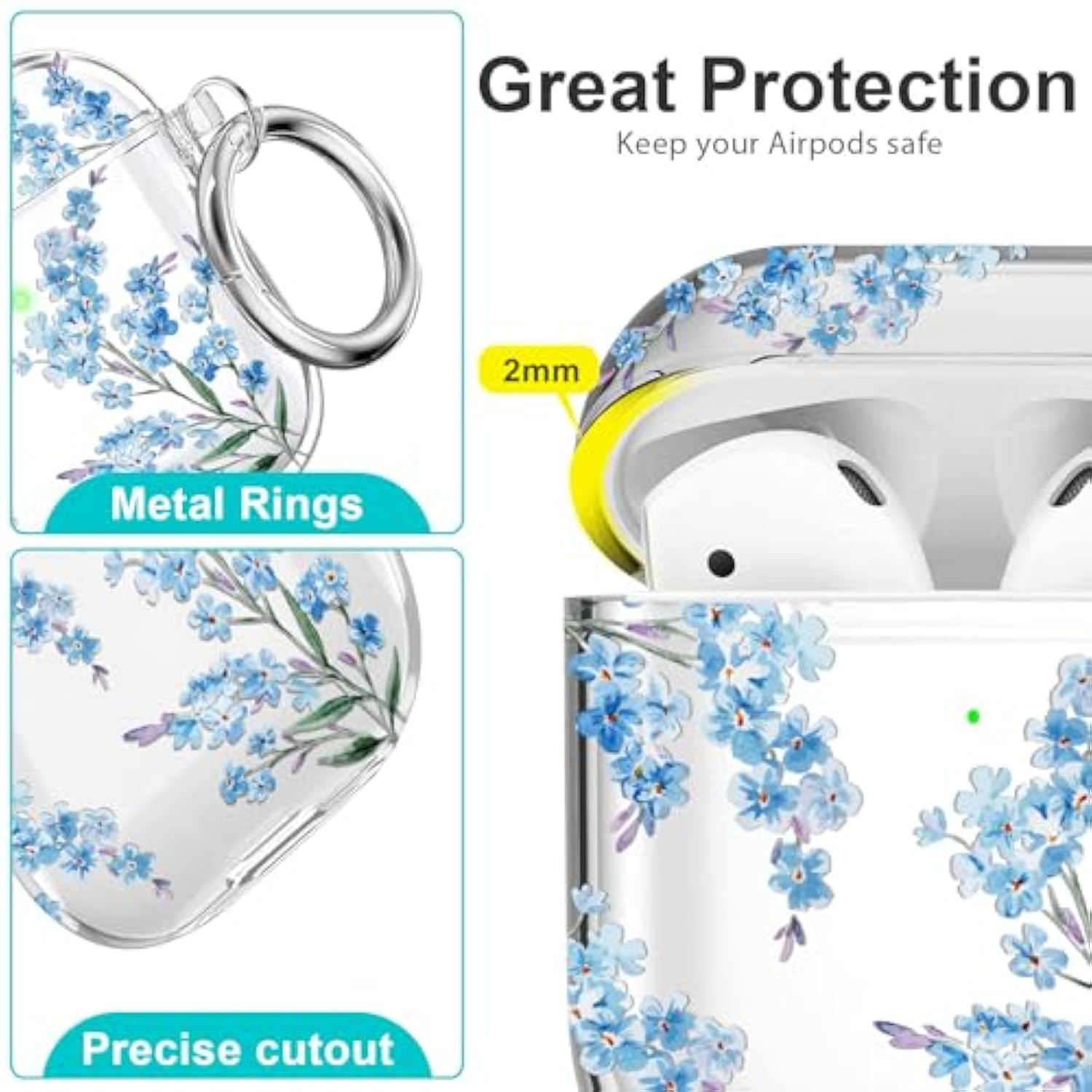 Protective Clear Floral Case Cover With Cleaner Kit Portable Shockproof Women Girls With Keychain For Apple Airpods 2/1 Charging Case - Clear/Blue Flower