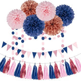 Rose-Gold Pink Navy-Blue Party-Decorations - 23pcs Tissue Paper Flowers Pom Poms Tassel Garland Pennant Banner Flags Streamers Birthday Bachelorette Gender Reveal Theme Hanging Decor
