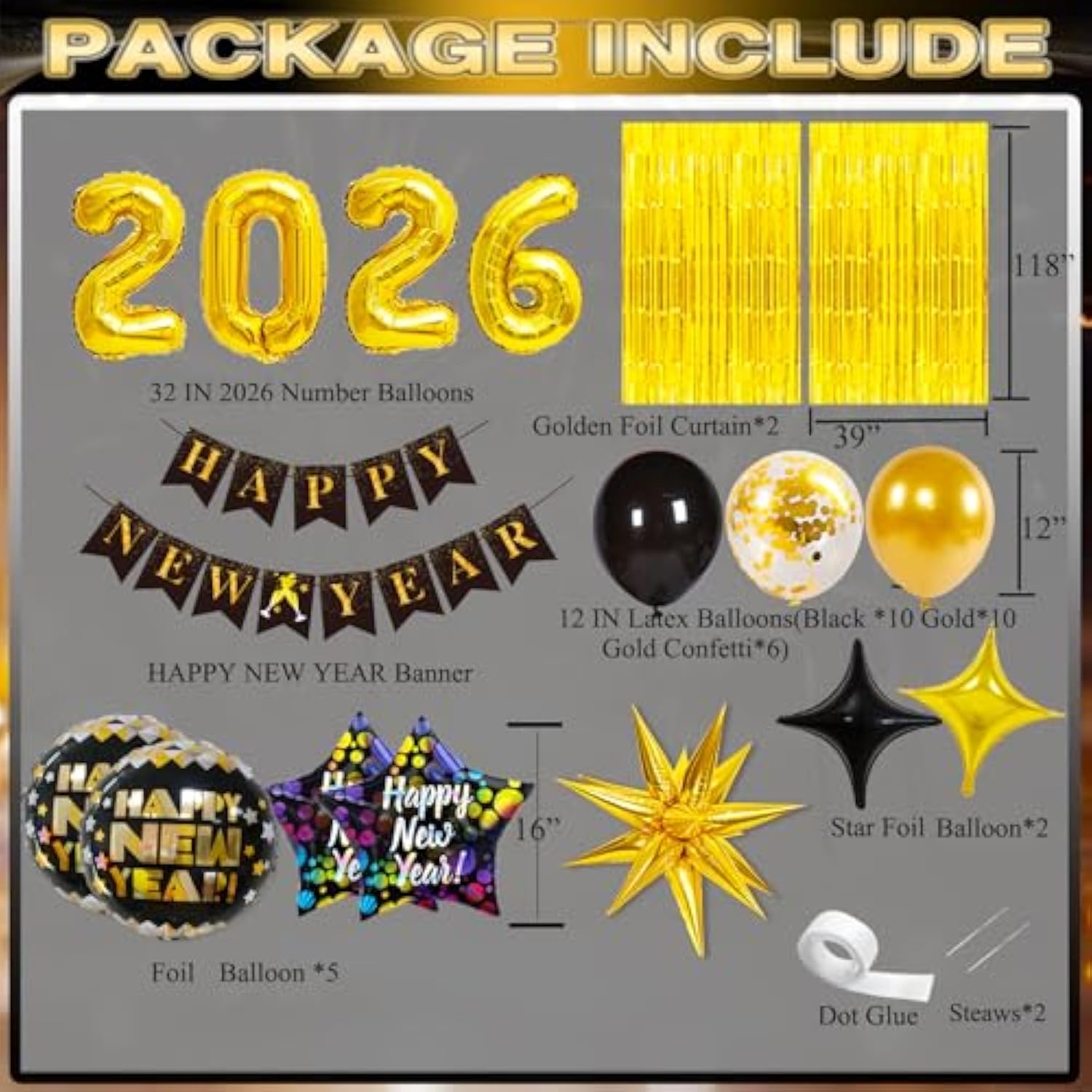 New Year 2026 Party Kit with Balloons, Banner, Foil Balloons, and Fringe Curtain