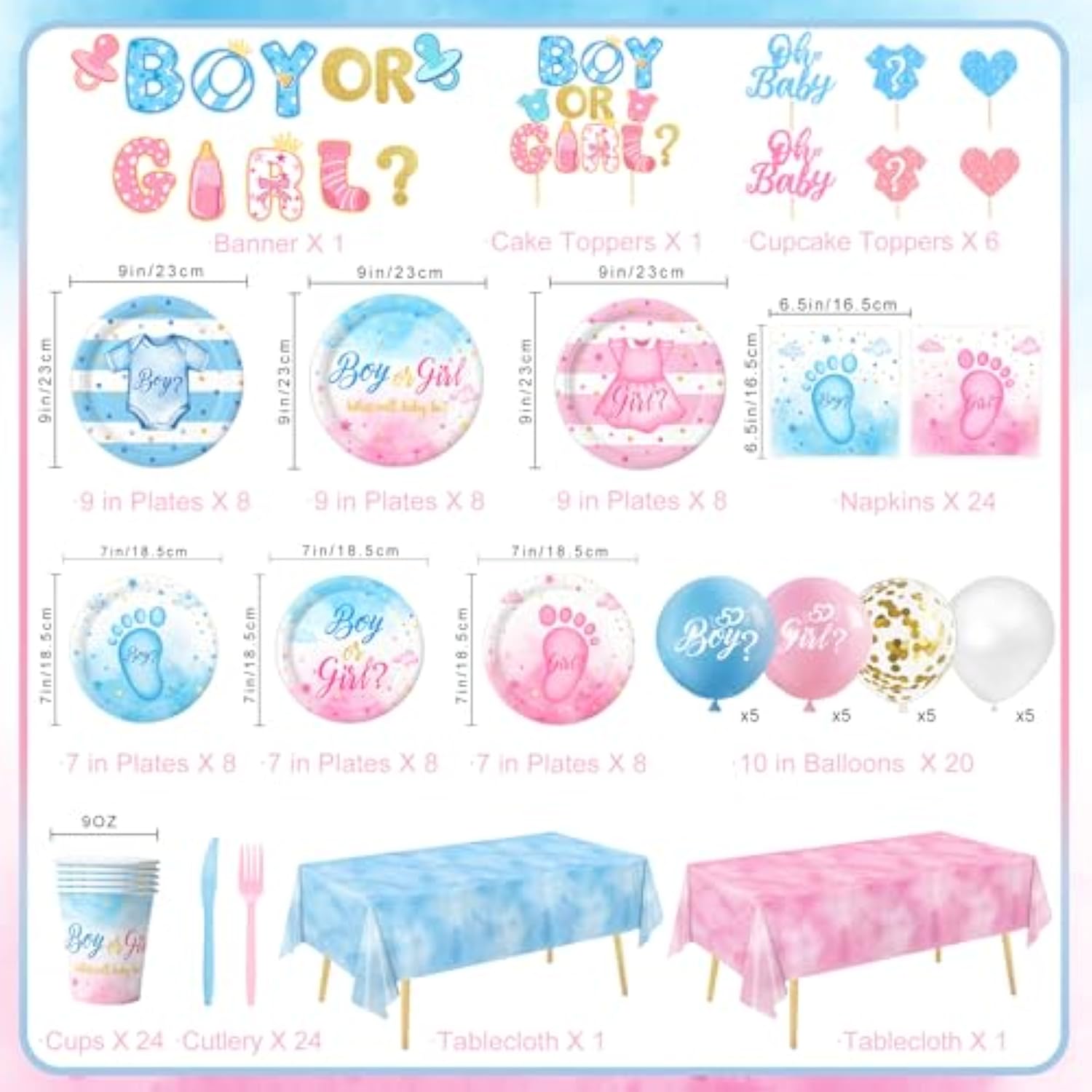 Gender Reveal Decorations Includes Plates, Napkins, Cups, Cutlery, Cake & Cupcake Toppers, Banner, Tablecloth, Balloons For Baby Gender Reveal Decorations, Serve 24