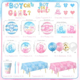 Gender Reveal Decorations Includes Plates, Napkins, Cups, Cutlery, Cake & Cupcake Toppers, Banner, Tablecloth, Balloons For Baby Gender Reveal Decorations, Serve 24