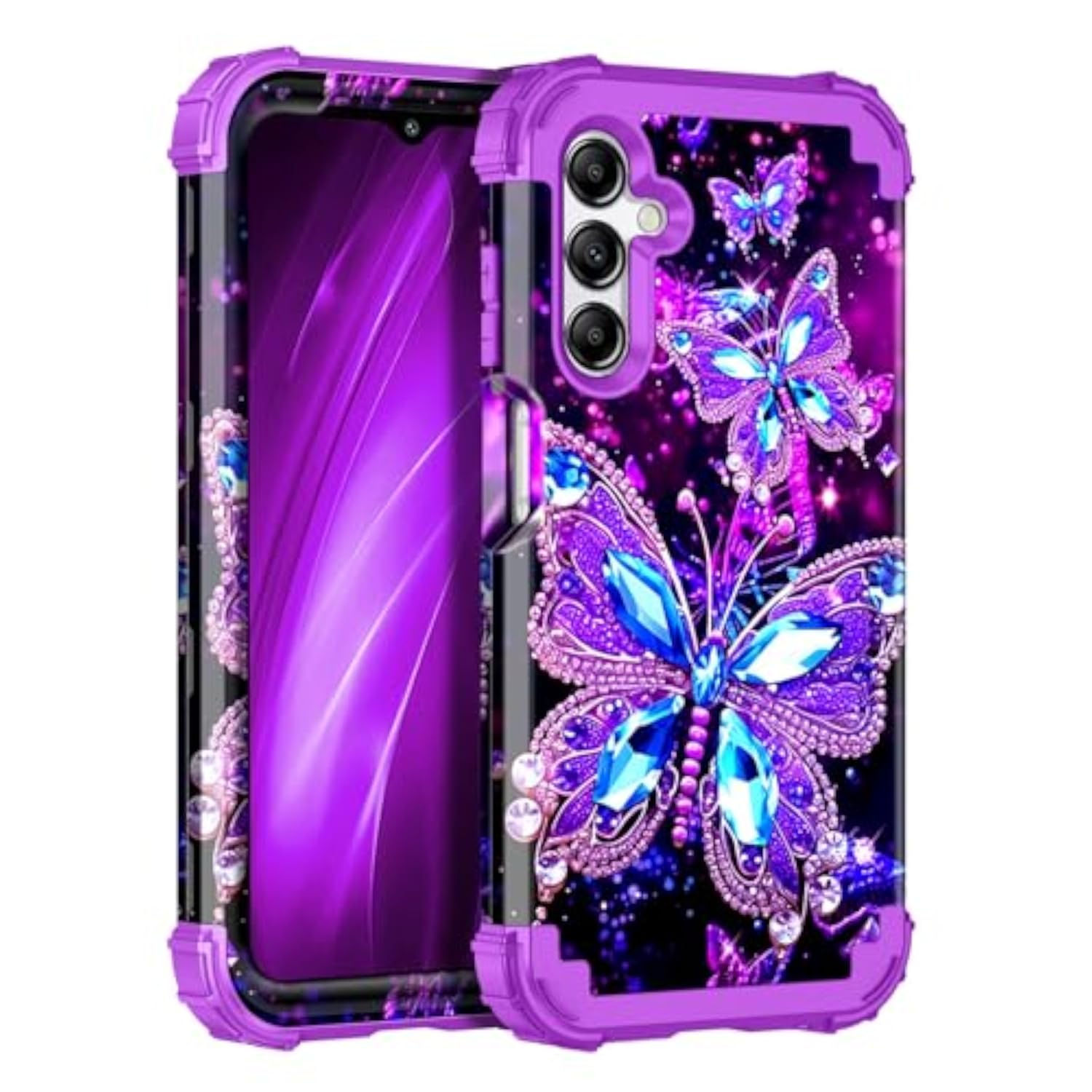 Glow in the Dark Heavy Duty Shockproof Case for Samsung Galaxy A16 5G 6.7 inch, Purple, 3 in 1 Design with Plastic Bumper and Silicone Inner Frame
