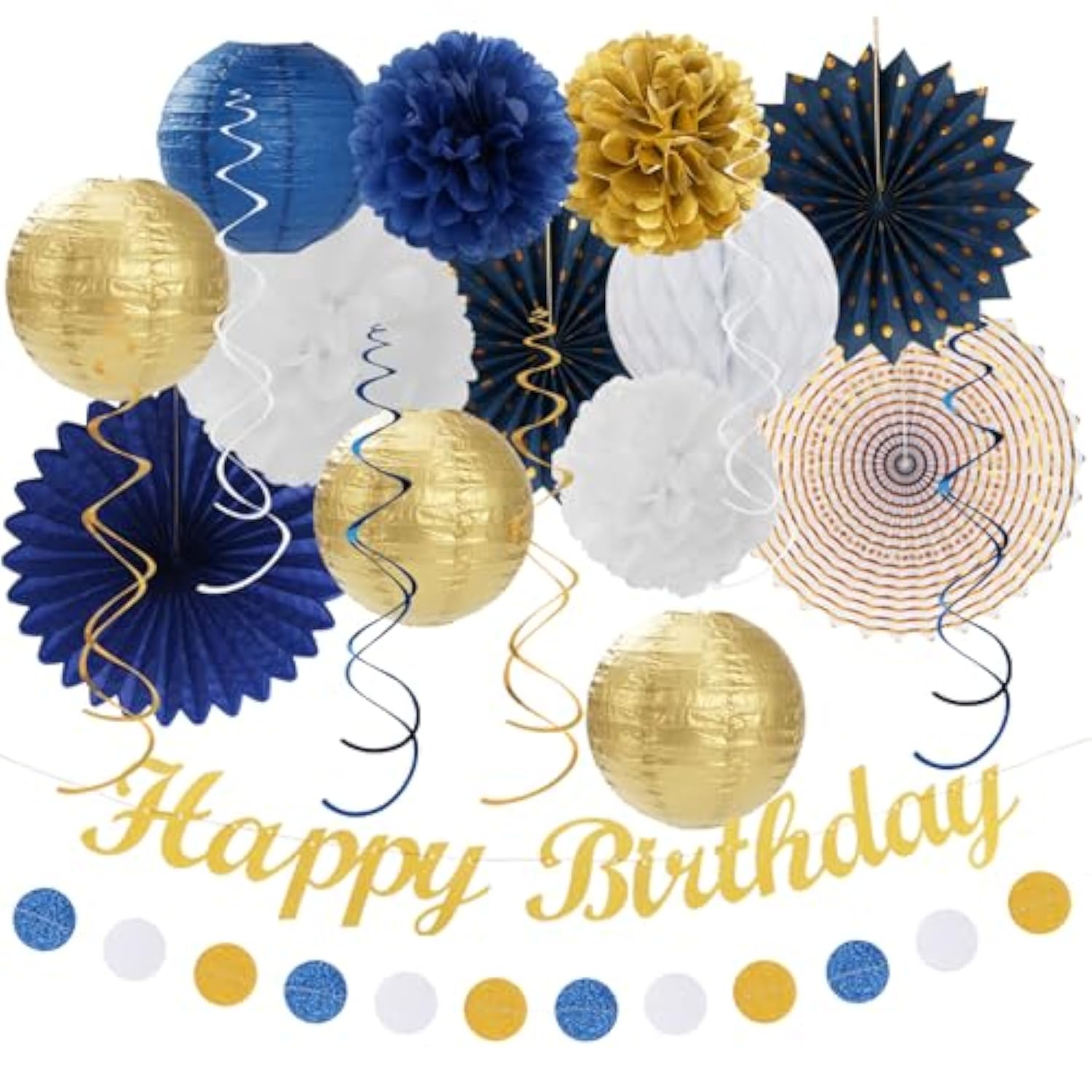 Navy Blue & Gold Birthday Decoration Set: Banner, Pom Poms, Lanterns - 21 Piece