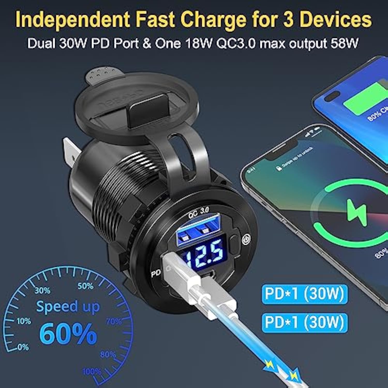 78W 3 Port Usb C 12V Outlet Dual Pd 30W & 18W Usb A Port With Voltmeter Lengthened Aluminum Body Switch Waterproof Car Charger Socket For Car, Boat, Marine, Rv