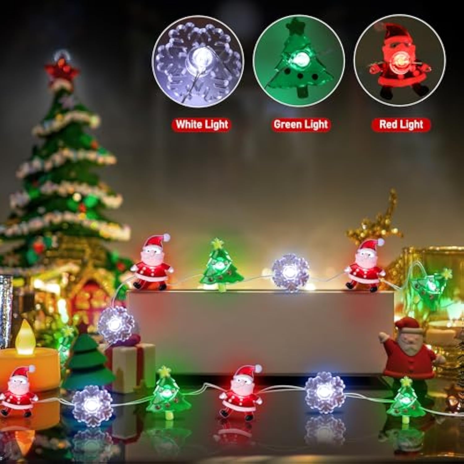 [Timer] Christmas Lights Decorations, 10 Ft 30 Led Battery Operated Christmas Tree Santa Snowflake String Lights, 8 Ligh