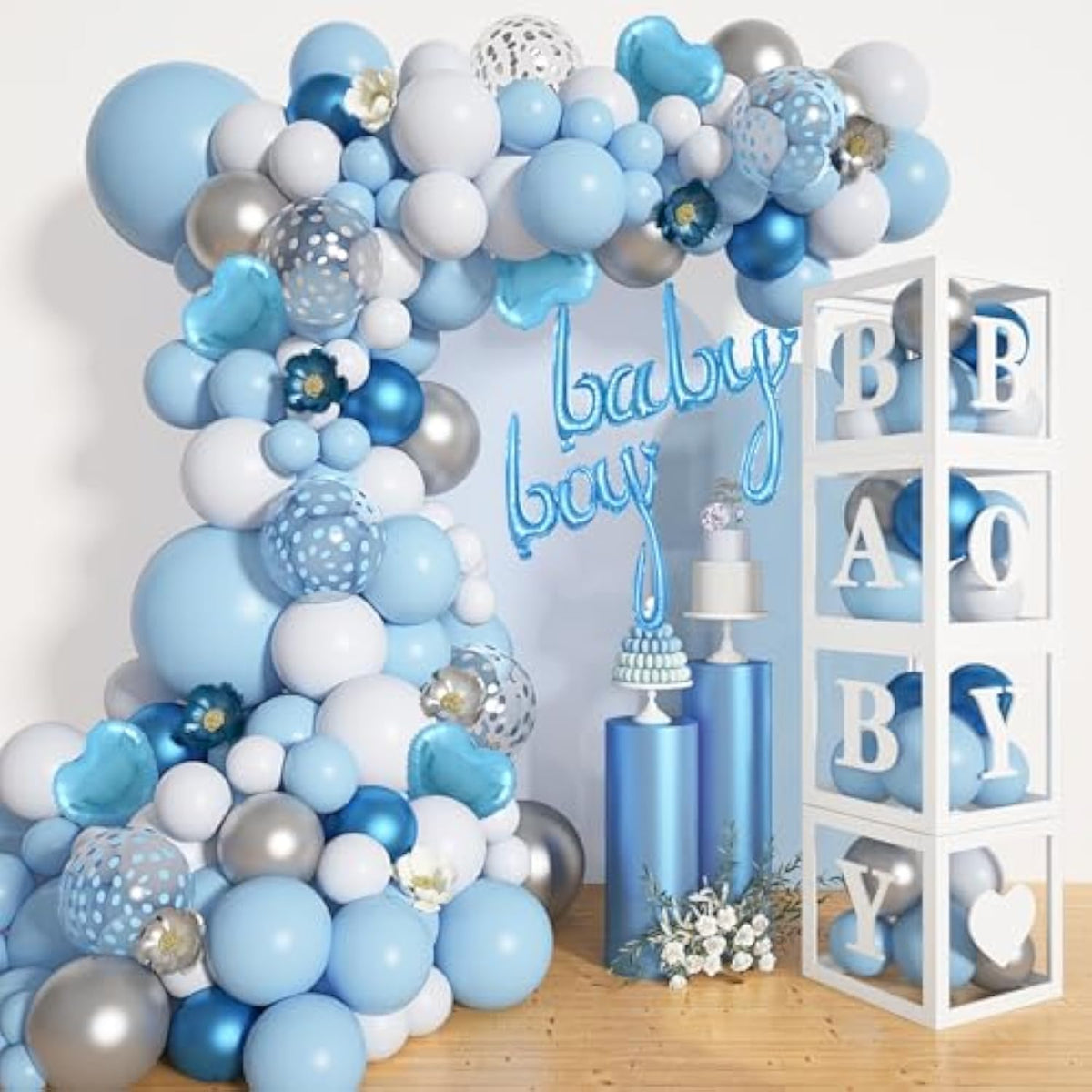 137pcs Baby Blue Balloon Garland Kit with Baby Boxes for Boy Baby Shower Birthday Party