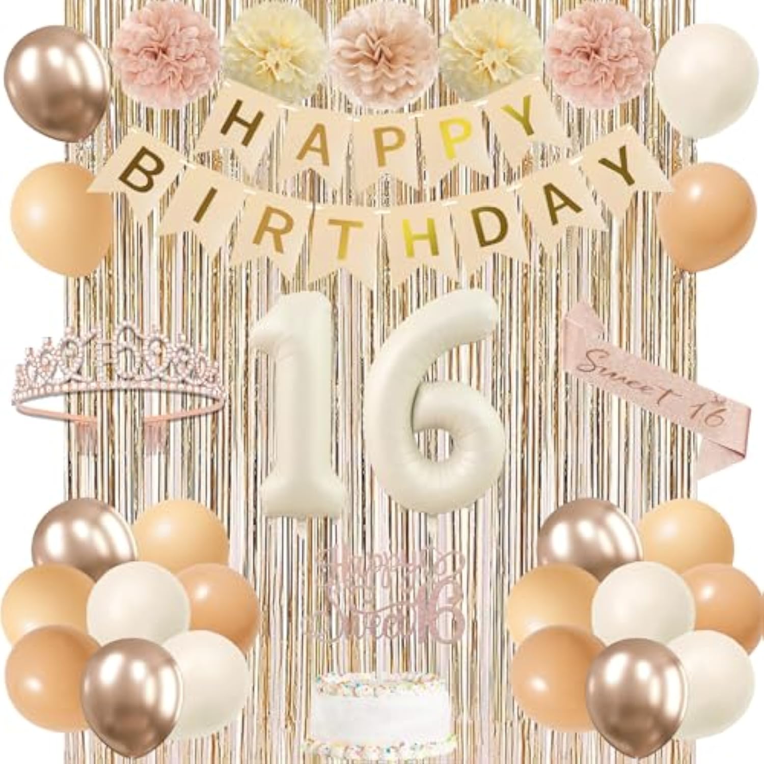 Champagne Gold Beige Sweet 16Th Birthday Decorations For Girls, Banner, 16Th Sash And Crown, Cake Topper, 16 Number Balloon, Paper Pom Poms, Fringe Curtains, Boho Birthday Party Supplies
