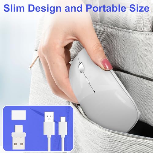 Bluetooth Wireless Laptop Mouse For Macbook Air Ipad Mac, 2.4G Rechargeable Computer Mouse With Jiggler Mode, Silent Optical 2 Mode Bluetooth 5.2/3.0 & 2.4G Usb-A/Type C Portable Mice, Silver