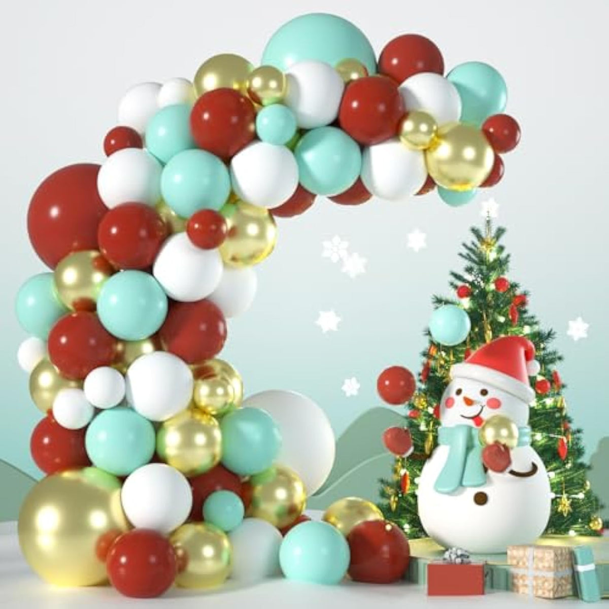 Red, Green & Gold Christmas Balloon Arch Kit Multi-Size Metallic & Confetti Decor
