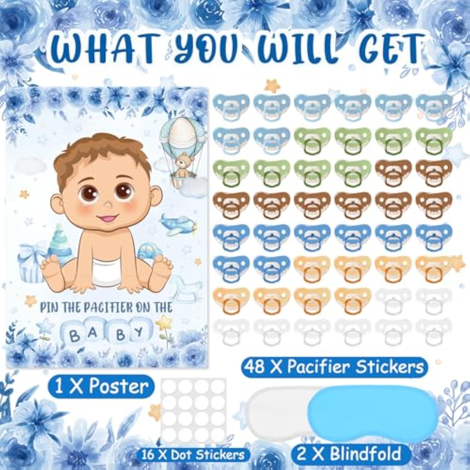 Pin The Pacifier On The Baby Game, Blue Baby Shower Decoration Pin Pacifier On Baby Poster Game With Poster 48 Pacifier Stickers Blindfold Game For Blue Bear Baby Shower Birthday Party Decorations