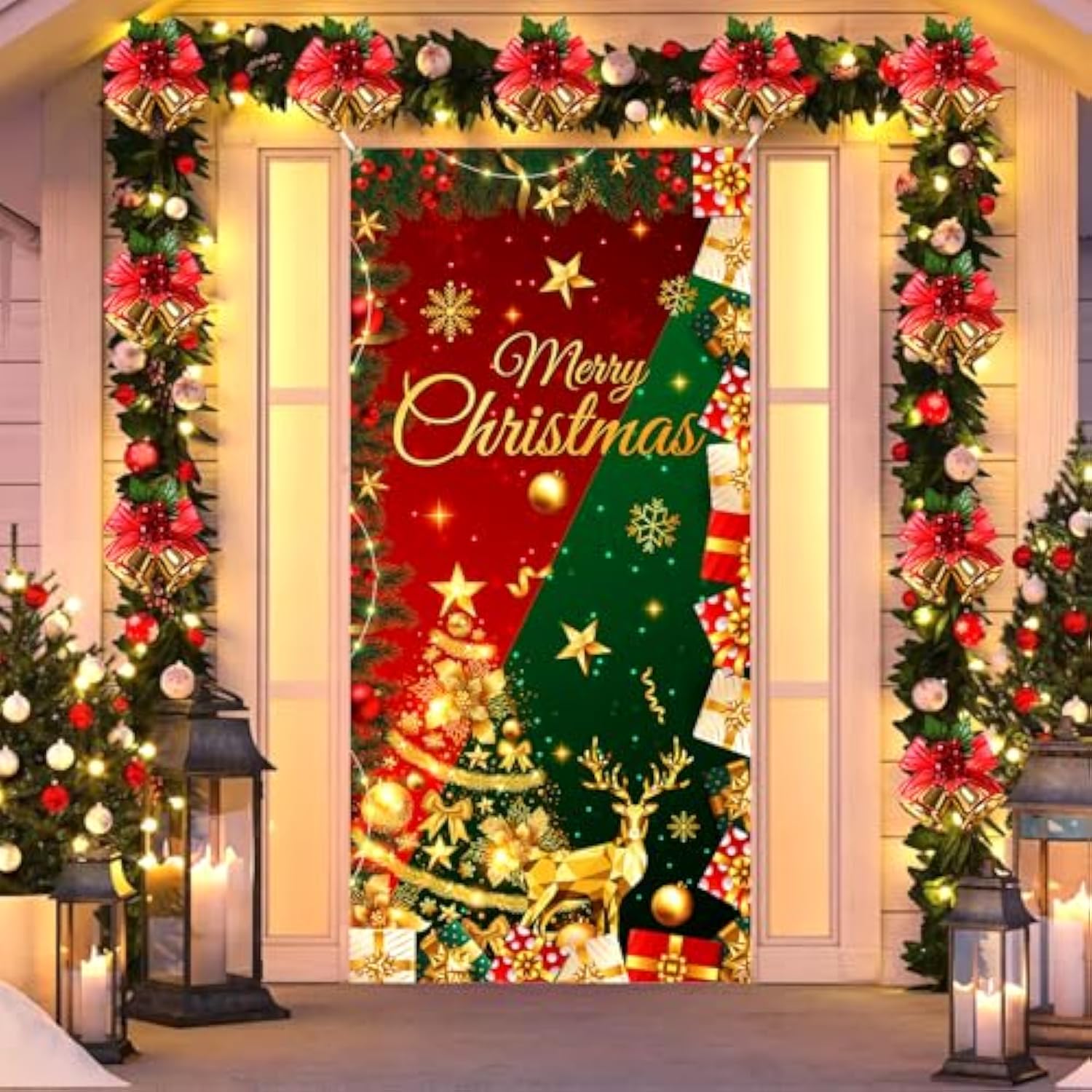 Red Green Christmas Door Cover Merry Christmas Door Decorations Banner Glitter Christmas Tree Elk Snowflake Porch Sign Backdrop Background For Christmas New Year Winter Holiday Party Decor Supplies