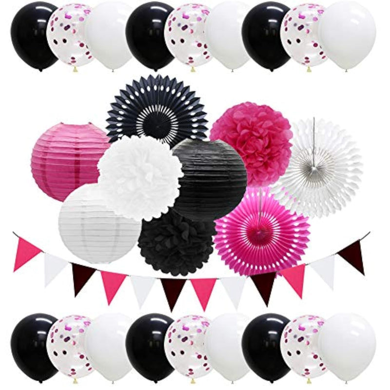 Hot Pink White Black Party Decorations Paper Fans Lanterns Flower Pom