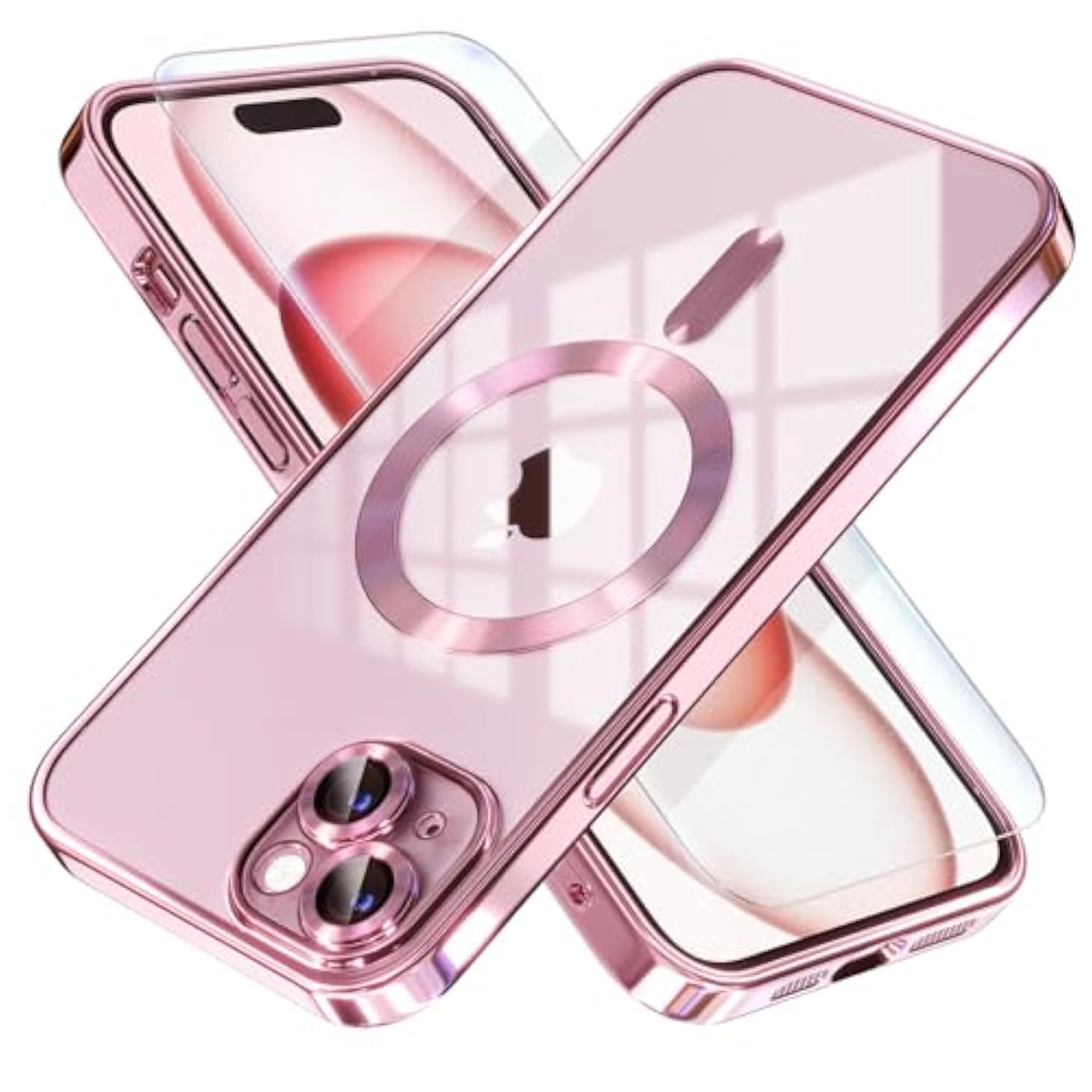 Magnetic For Iphone 15 Case Compatible With Magsafe [Never Yellowing] [ Grade Drop Protection] Full Camera Lens Protector Plating Soft Clear Phone Case For Women Girls, Pink