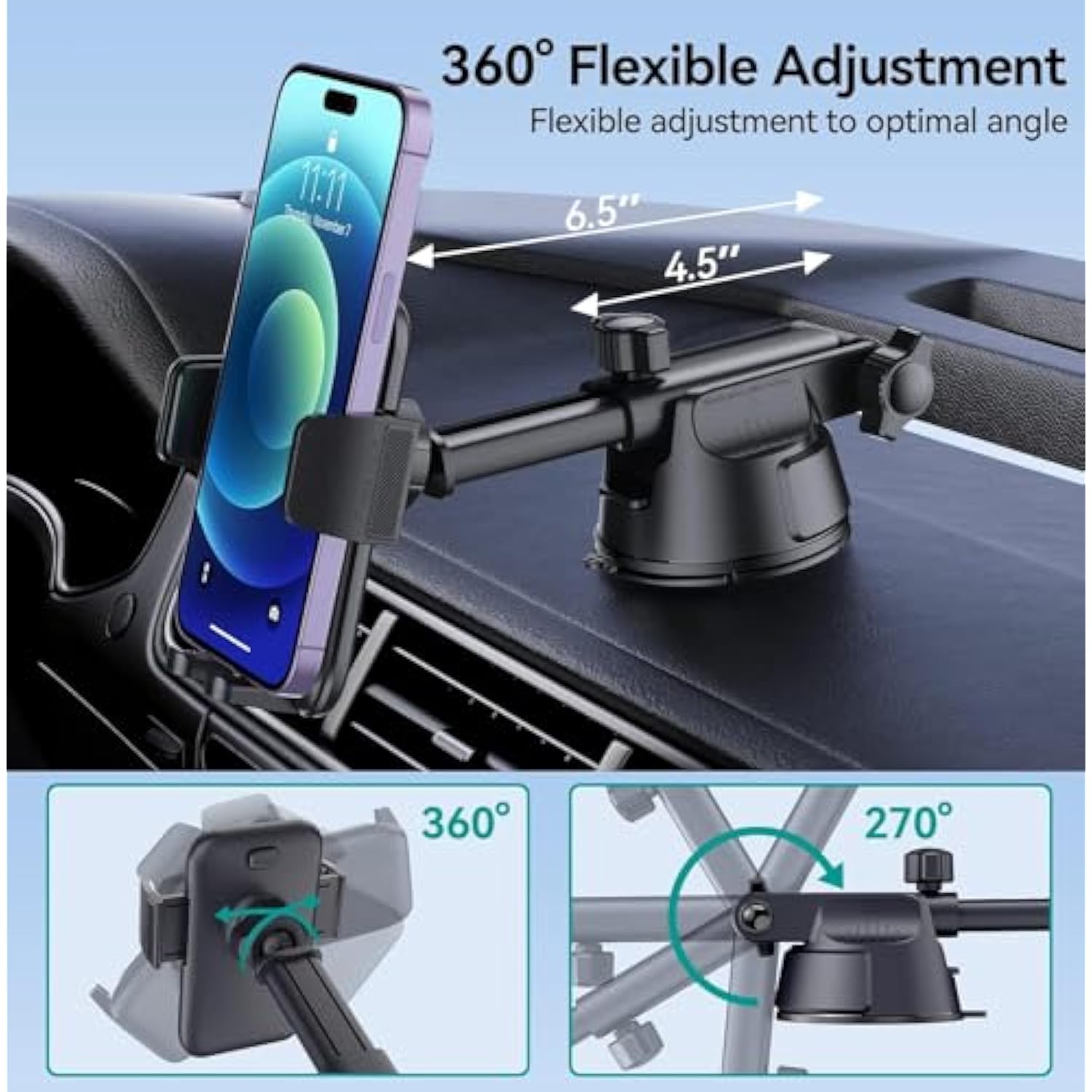 Car Phone Holder Mount, [Military-Grade Suction & Super Sturdy Base] 3 In 1 Universal Phone Mount For Car Dashboard Windshield Air Vent Car Mount For Iphone Android Smartphone Gps Navigator