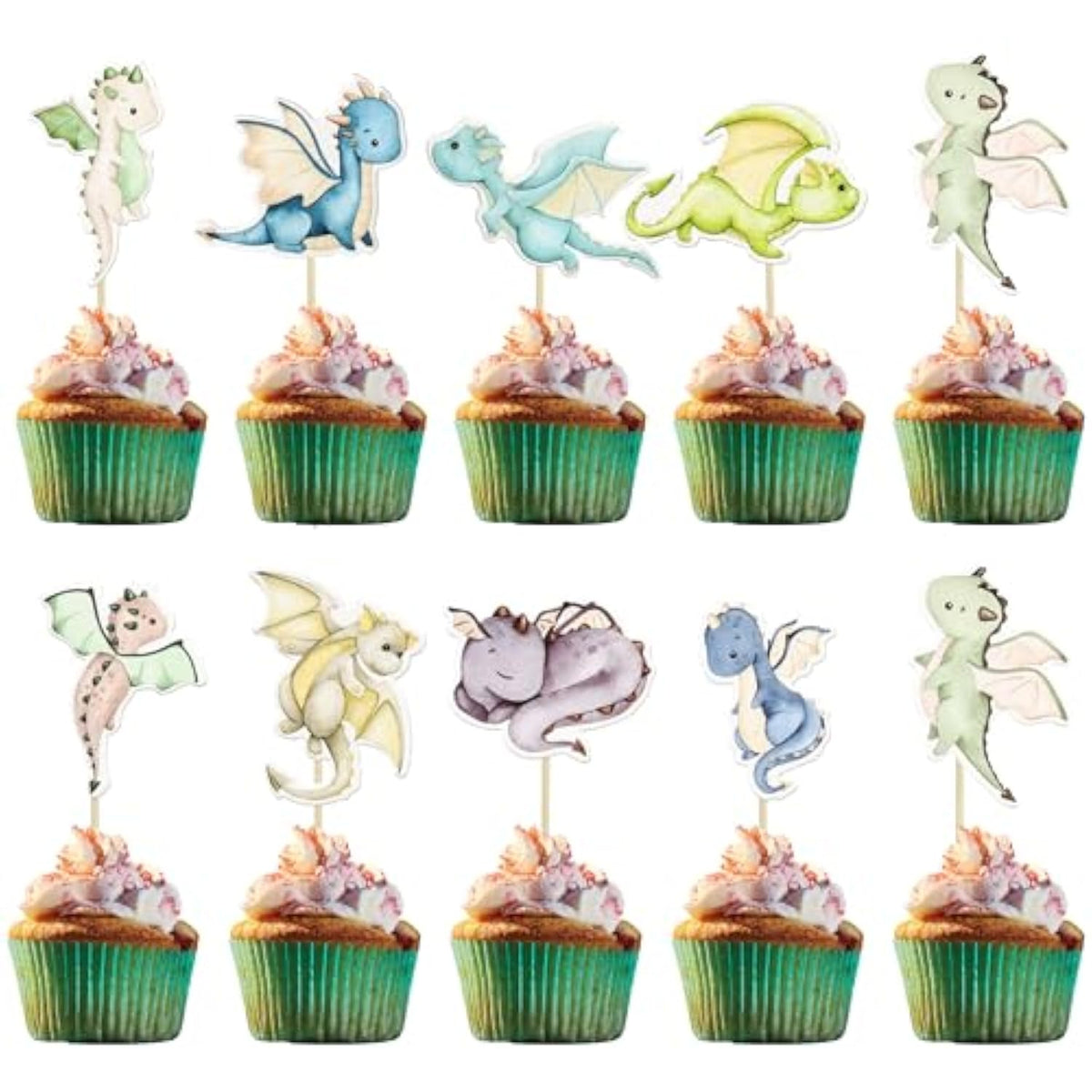 36Pcs Dragon Party Cupcake Toppers Dragon Birthday Party Decoration Fantasy Dragon Cake Decorations For Flying Dragon Baby Shower Supplies