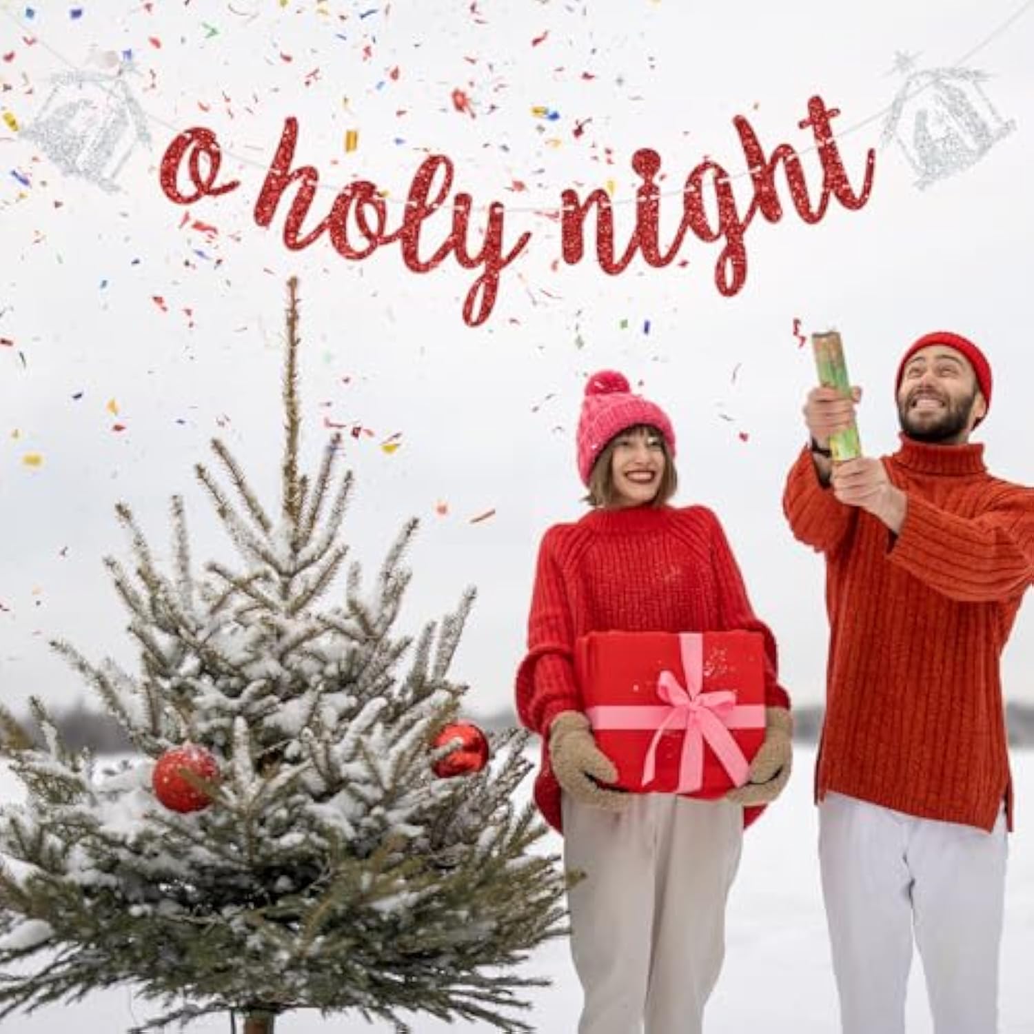 O Holy Night Banner, Jesus Nativity Scenes Banner For Religious Christmas Party, Jesus Xmas Eve Decorations, Merry Christmas Winter Holiday Party Decoration Red Glitter