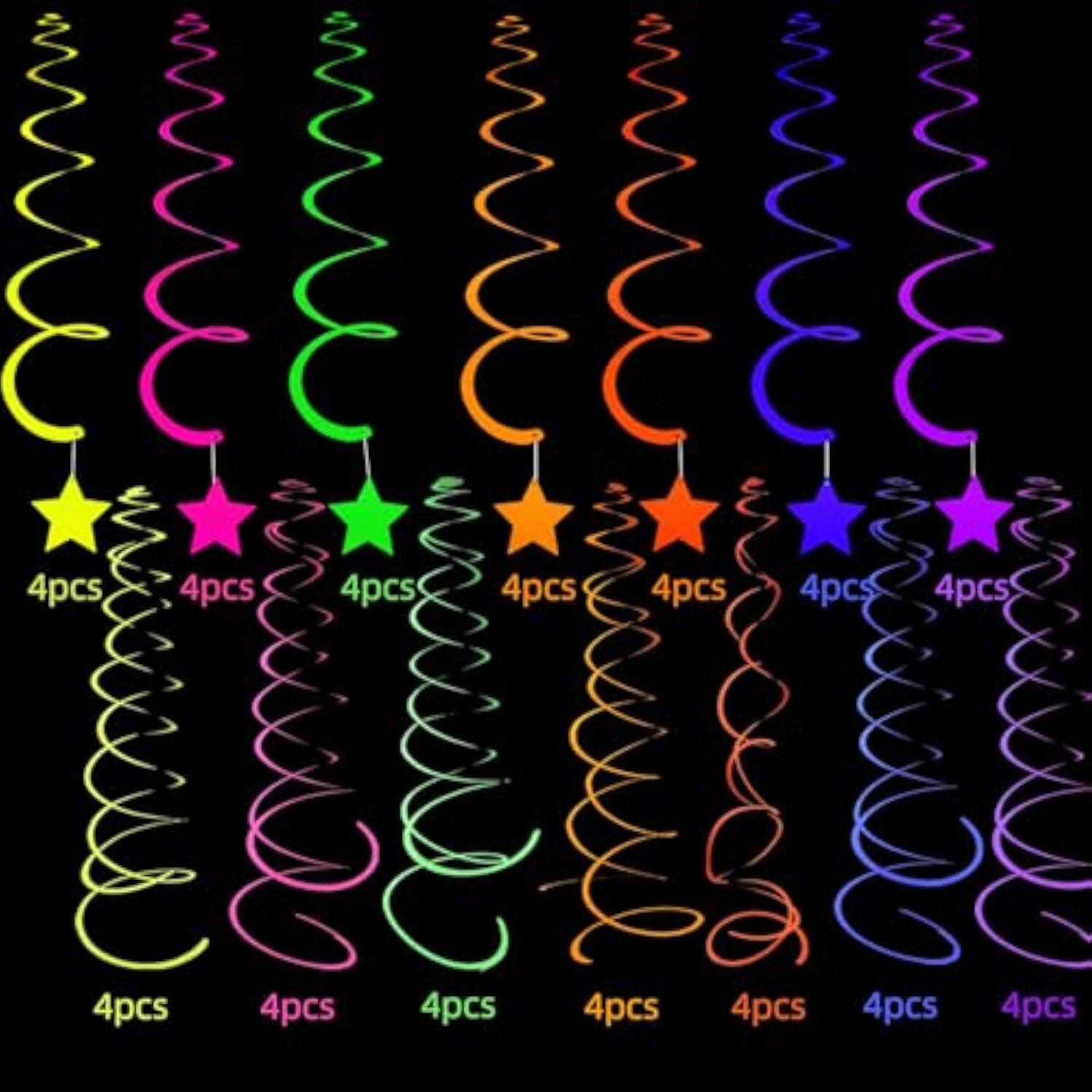 56pcs Neon Hanging Swirls — UV Glow Streamers for Blacklight Party Decor