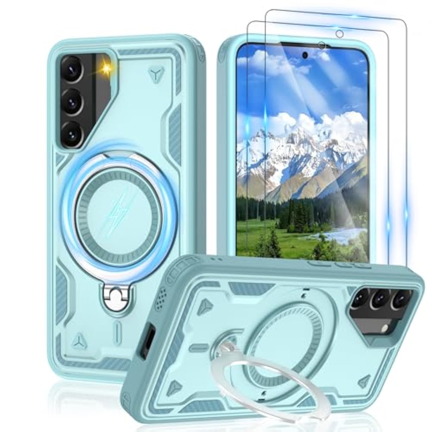 For Samsung Galaxy-S22 Case:Compatible With Magsafe & [Hd Screen Protector×2],Metal Rotated Kickstand,Military Grade Drop Proof Anti-Fingerprint Protective Case For Samsung S22,Baby Blue