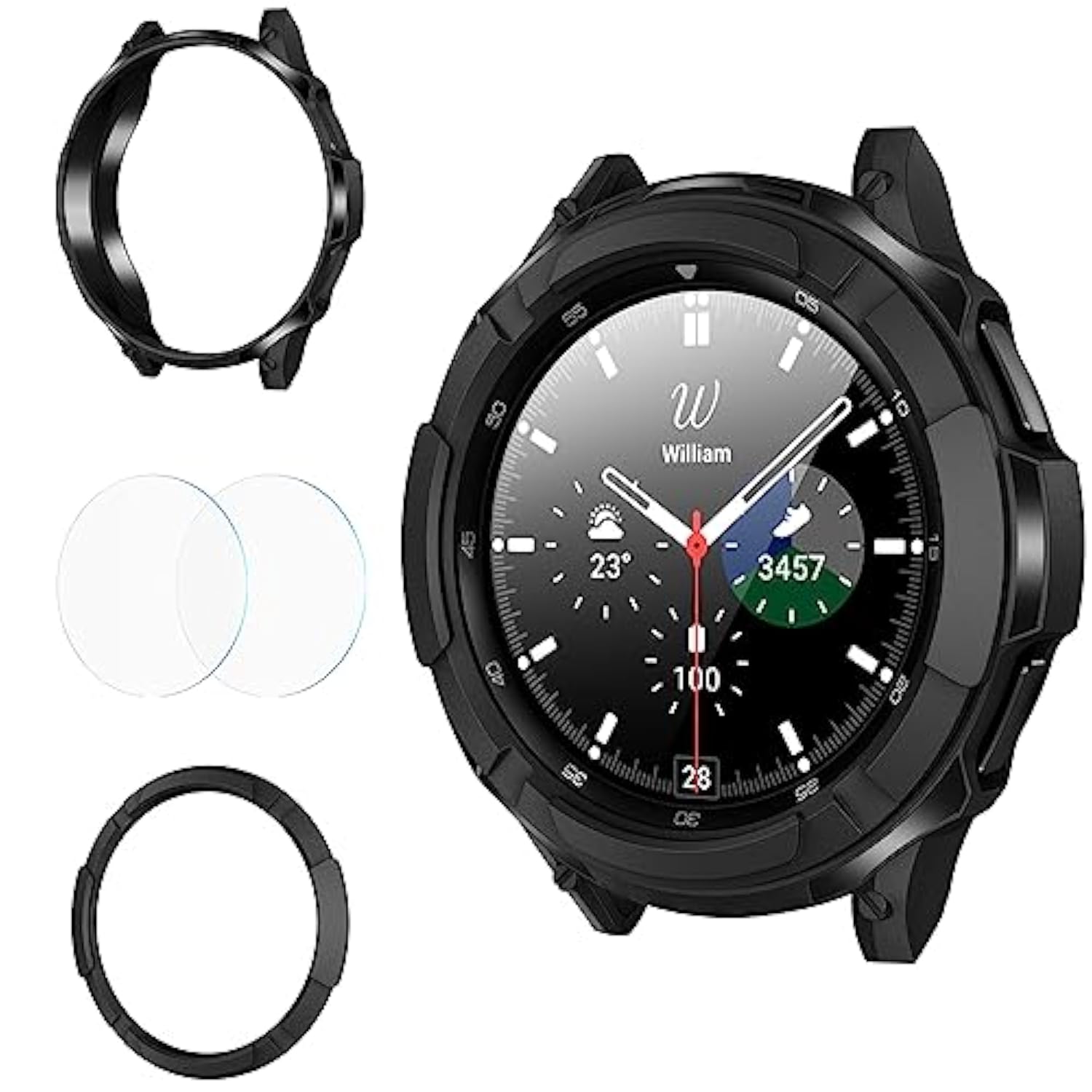 3 In 1 Accessories For Samsung Galaxy Watch 4 46Mm, 1 Rugged Tpu Armor Bumper Case +2 Tempered Glass Screen Protector Films + 1 Bezel Ring For Galaxy Watch 4 46Mm