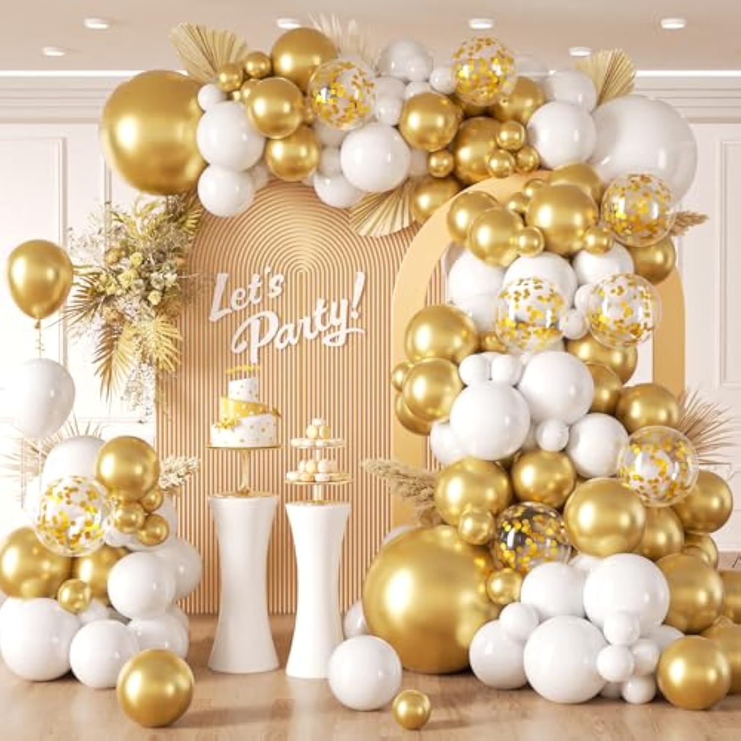 132Pcs White And Gold Balloon Arch Kit, Metallic Gold And White Balloons Different Sizes Of 18 12 10 Inch Balloons For Wedding Bridal Baptism Engagement Baby Shower Birthday Party Decorations