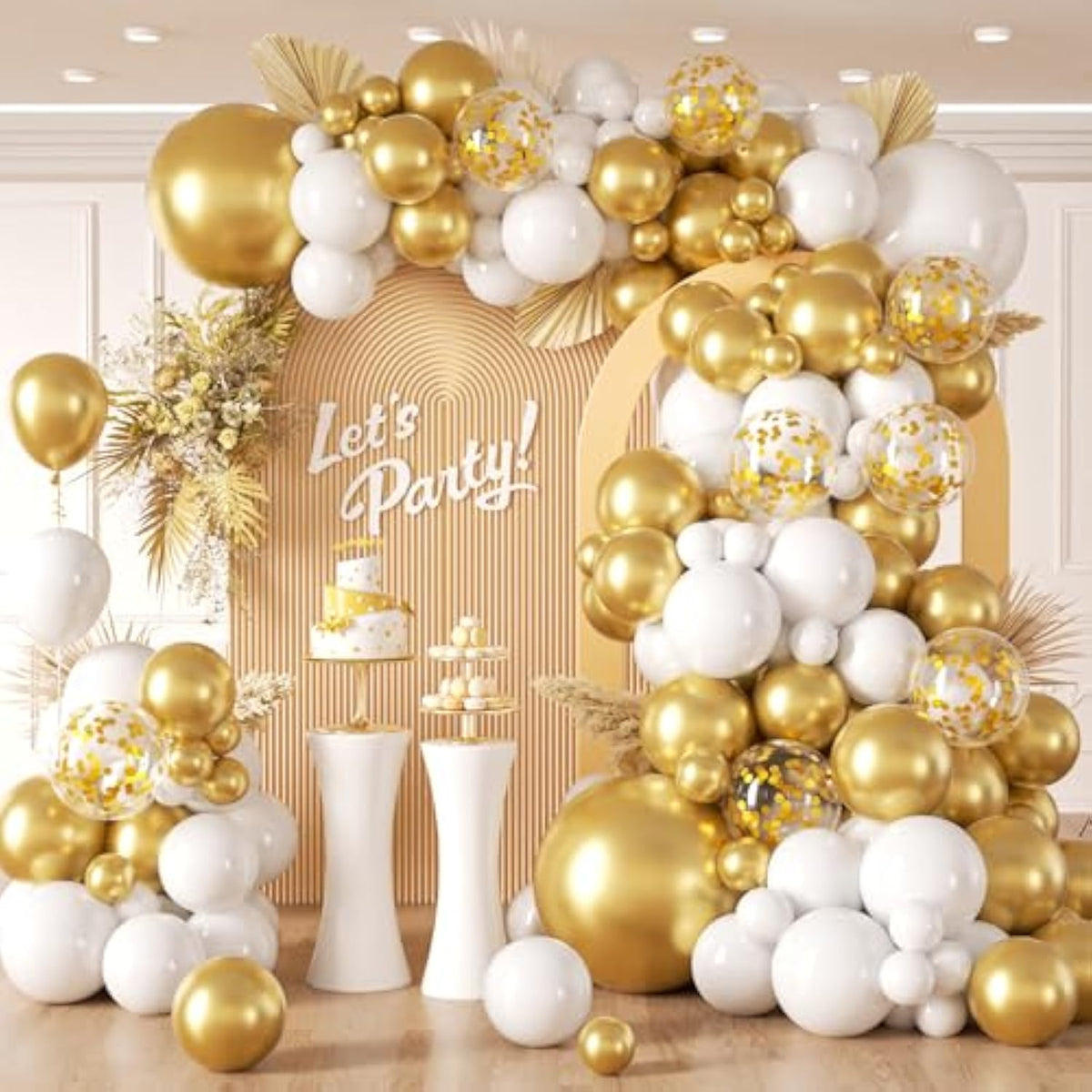 132Pcs White And Gold Balloon Arch Kit, Metallic Gold And White Balloons Different Sizes Of 18 12 10 Inch Balloons For Wedding Bridal Baptism Engagement Baby Shower Birthday Party Decorations