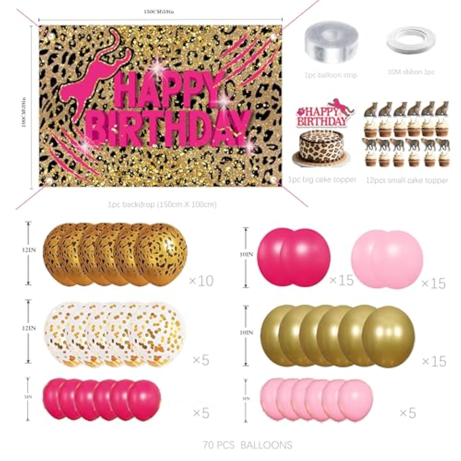 Pink Leopard Print Birthday Decorations Set Balloon Arch for Girls