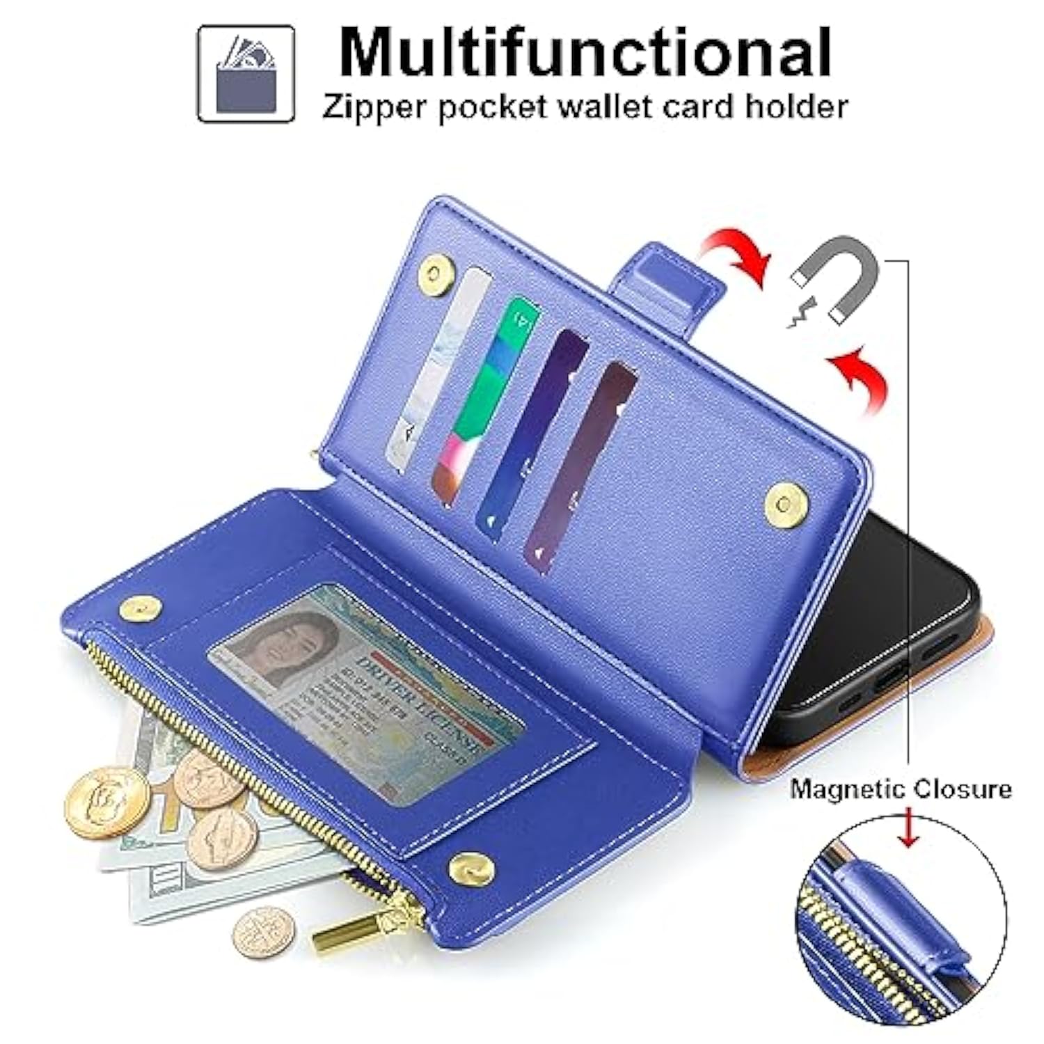 Compatible With Iphone 16 Plus Wallet Case,Rfid Blocking Pu Leather Phone Case Women Men Kickstand Flip Cover Wrist Strap Zipper Credit Card Holder Slots For Apple 16 Plus 6.7",Ultramarine