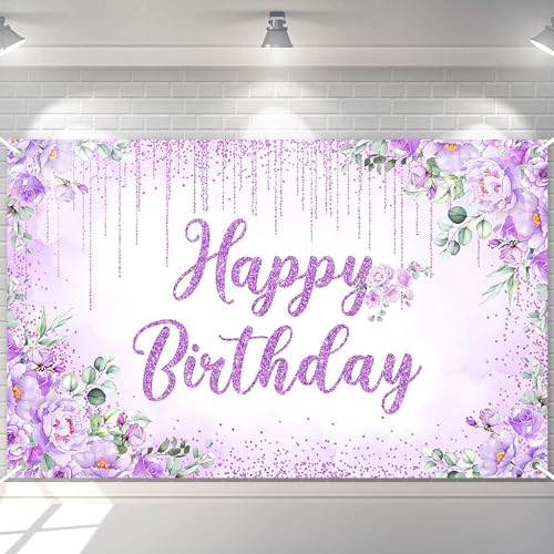 Happy Birthday Backdrop Banner for Girls Women Happy Birthday Party Decorations Floral Glitters Bday Banner Party Supplies (Purple, 6x3.6ft)