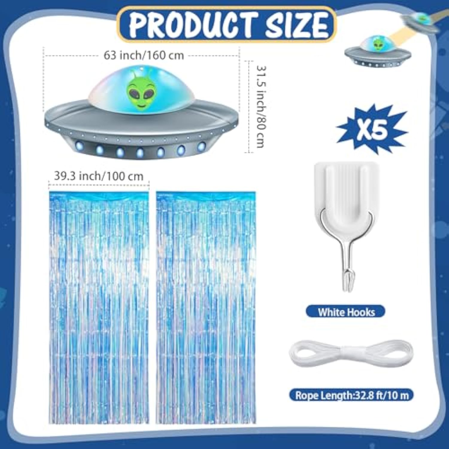 Alien Birthday Party Decorations Door Curtain With Foil Fringe Tinsel Spacecraft Flying Saucer Spaceship Hanging Banner For Alien Halloween Party(Golden Blue)